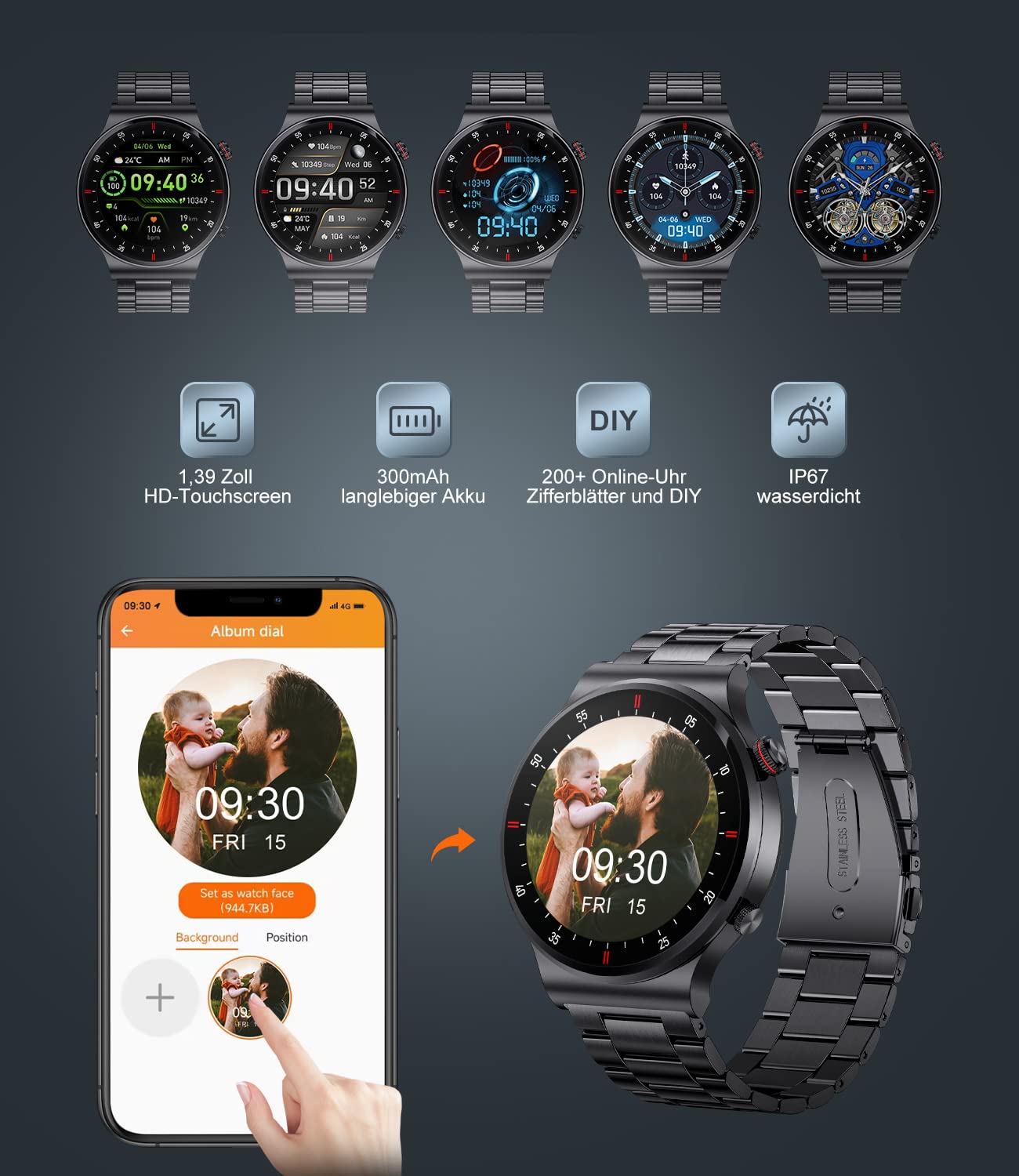 Men's smartwatch with phone function, 1.39 inch smart watch with heart rate sleep monitor SpO2 notification 100+ sports modes, IP67 waterproof fitness tracker calorie step counter Android iOS black