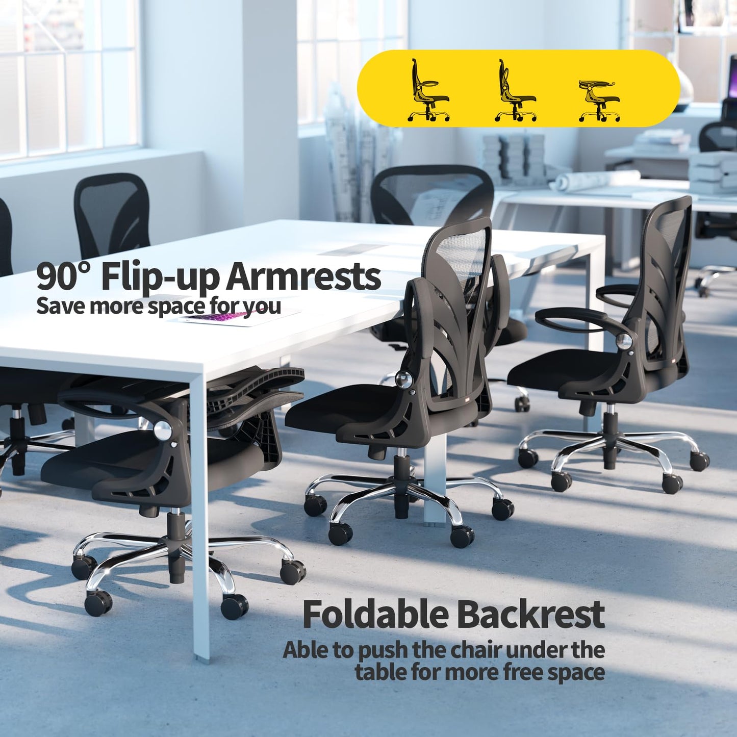 HOLLUDLE Ergonomic Office Chair with Folding Backrest, Desk Chair with Extended Seat (52 cm), Flip-up Armrests and Mesh Lumbar Support Swivel Computer Chair, Black