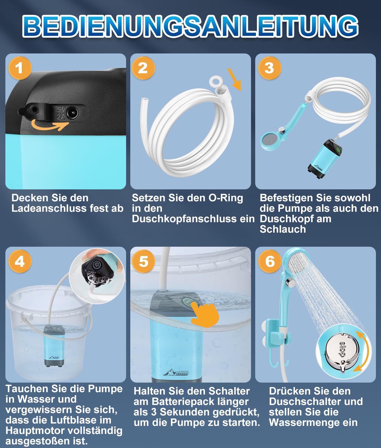 WADEO Portable camping shower battery with pump and shower bucket, outdoor camping shower set with battery, mobile showers outdoor showers with shower head and hose, for camping, traveling, garden, hiking, car washing