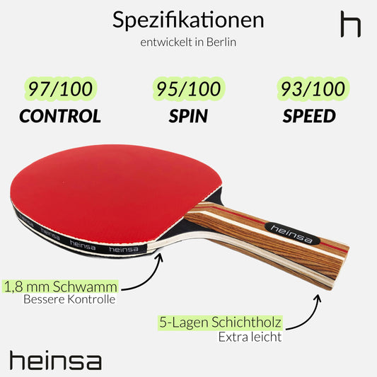 Heinsa table tennis rackets developed in Berlin - Premium table tennis racket set with 3-star table tennis balls + practical storage bag | Table tennis set for indoor or outdoor use.