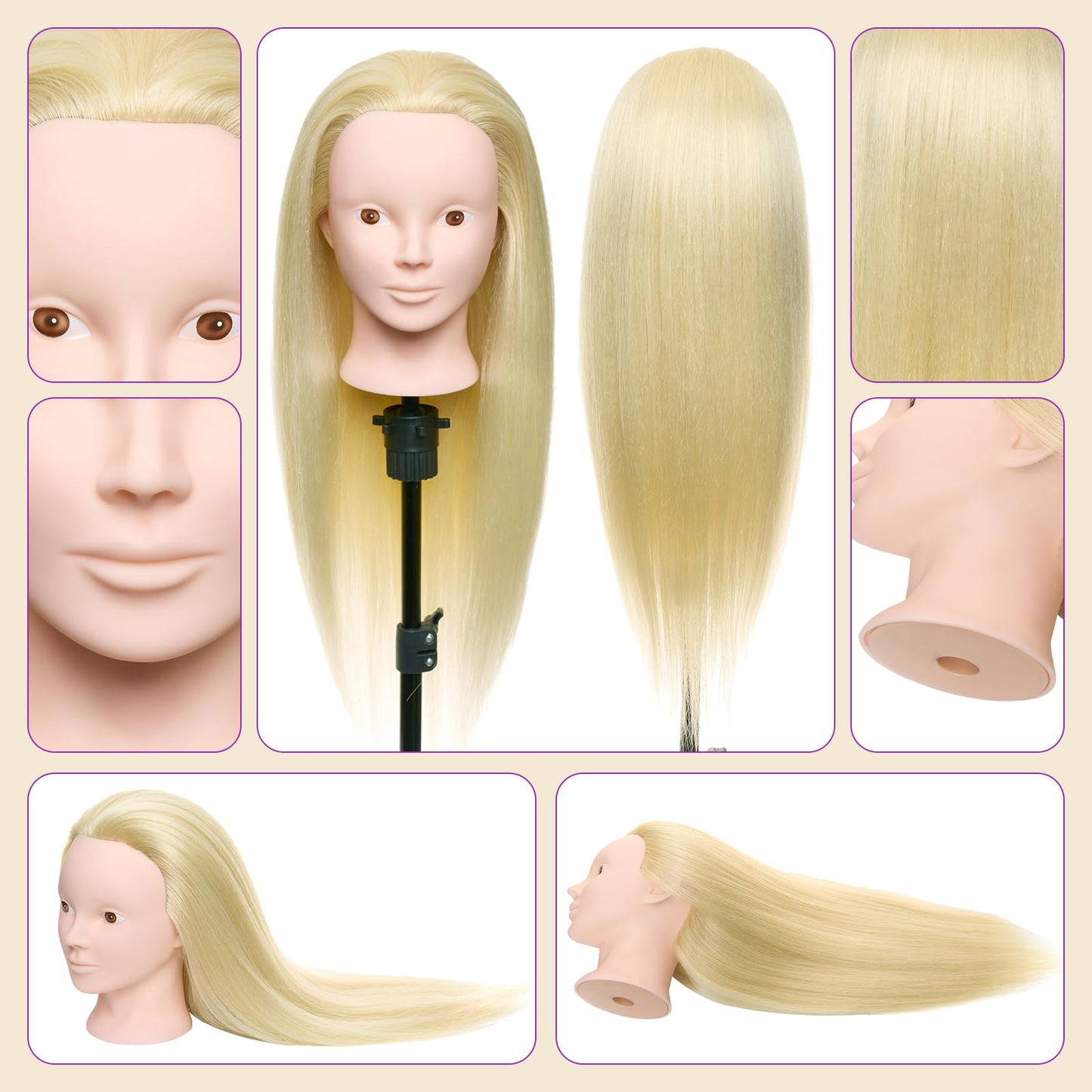 24 inch hairdressing head with 50% real hair. Ideal for practicing hair styling techniques, perfect for hairdressing students. Comes with stand and DIY hair set. Great for training hairstylists.