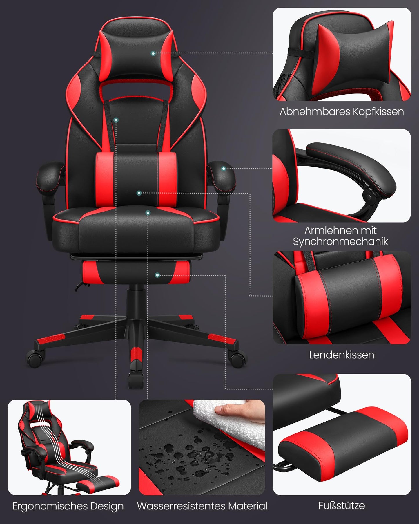 SONGMICS Office Chair, Desk Chair, Extendable Footrest, Headrest, Lumbar Pillow, Height Adjustable, Ergonomic, Reclining Backrest, Supports up to 150kg, Ink Black-Strawberry Red OBG73BRV1