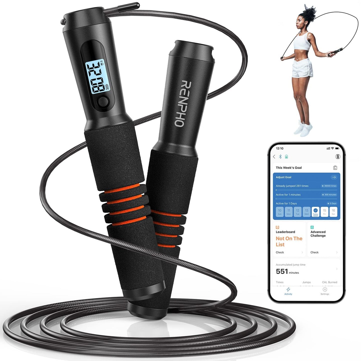 RENPHO Intelligent Jump Rope for Fitness with App Data Analysis, Jump Ropes for Home Gym, Crossfit, Exercise for Men, Women, Kids, Black-001