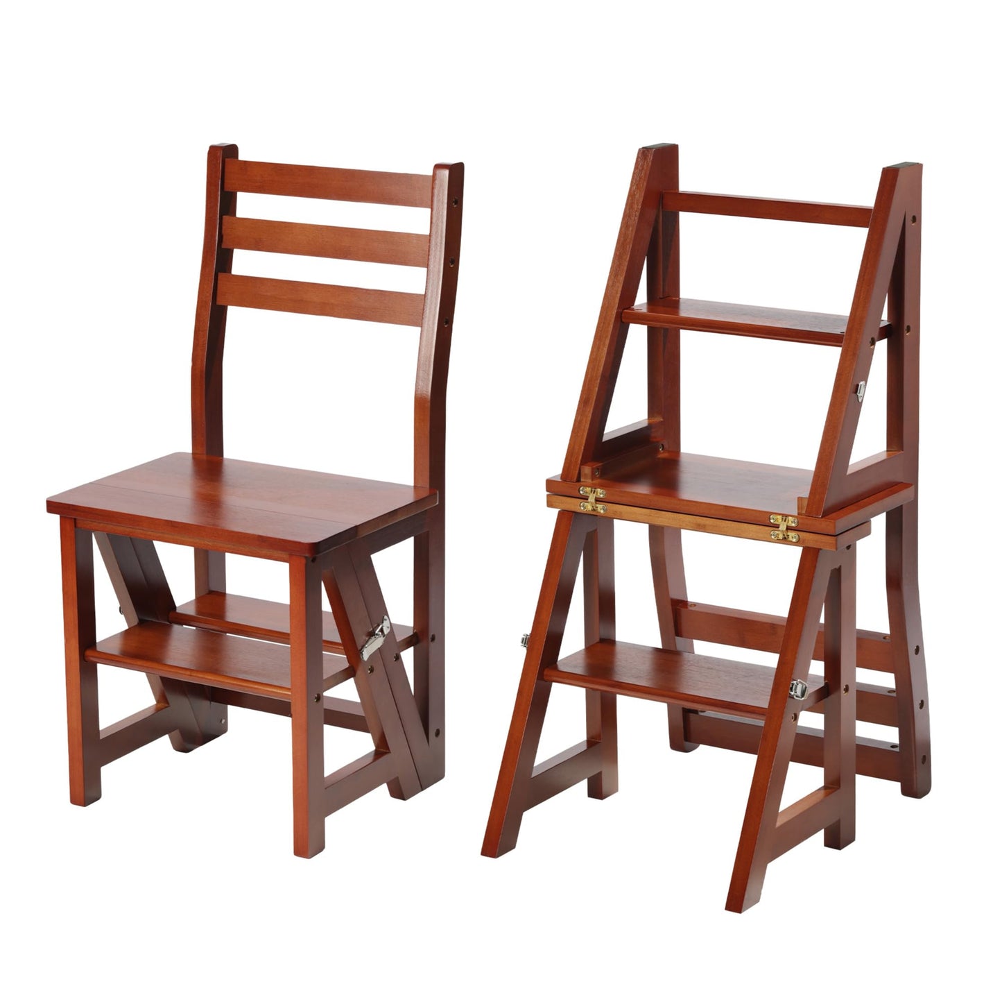 Navaris Folding Chair with Step Function - Chair 3-Step Ladder and Flower Stand in One - Bamboo Folding Chair Folding Step Stool - Kitchen Chair Foldable - Dark Brown