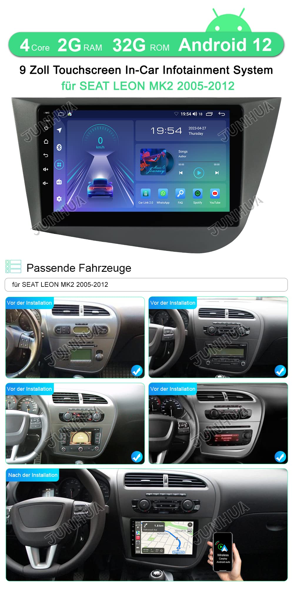 JUNHUA 9" Android 12 2GB+32GB car radio navigation for SEAT Leon MK2 2005-2012, with 1280*800 resolution. Supports Wireless Carplay, Android Auto, GPS, Bluetooth, DSP, FM Radio, RDS, WiFi. Car multimedia system.