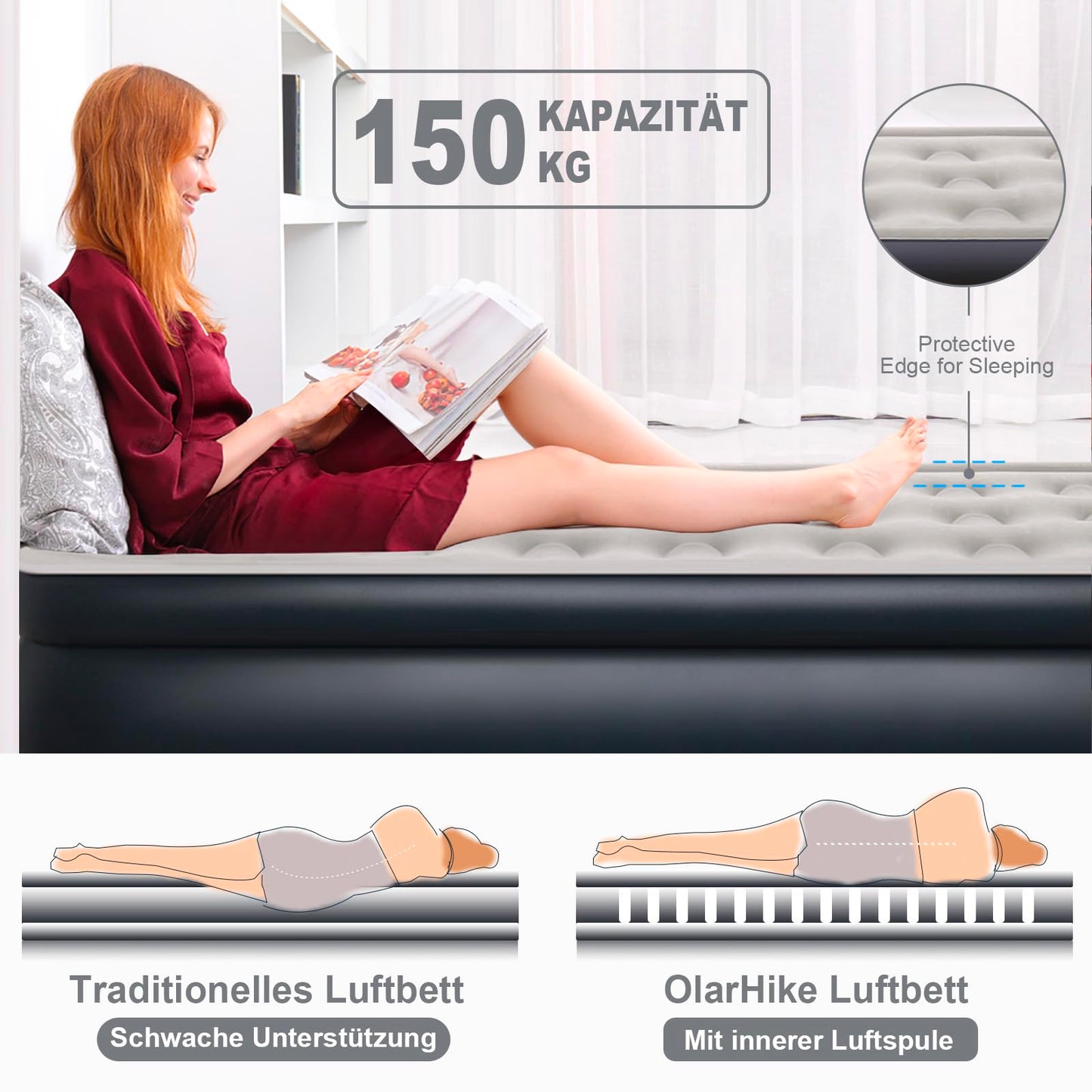 OlarHike air bed for 1 person, self-inflating air mattress with integrated pump, self-inflatable guest bed, guest mattress, inflatable mattress for camping or home use - 198 x 102 x 46 cm