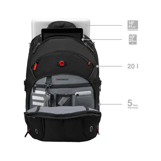 WENGER Gigabyte laptop backpack with tablet compartment, 16-inch notebook, 10-inch tablet, organizer, 17 l capacity, unisex design for business, school, and travel, black, 600627.