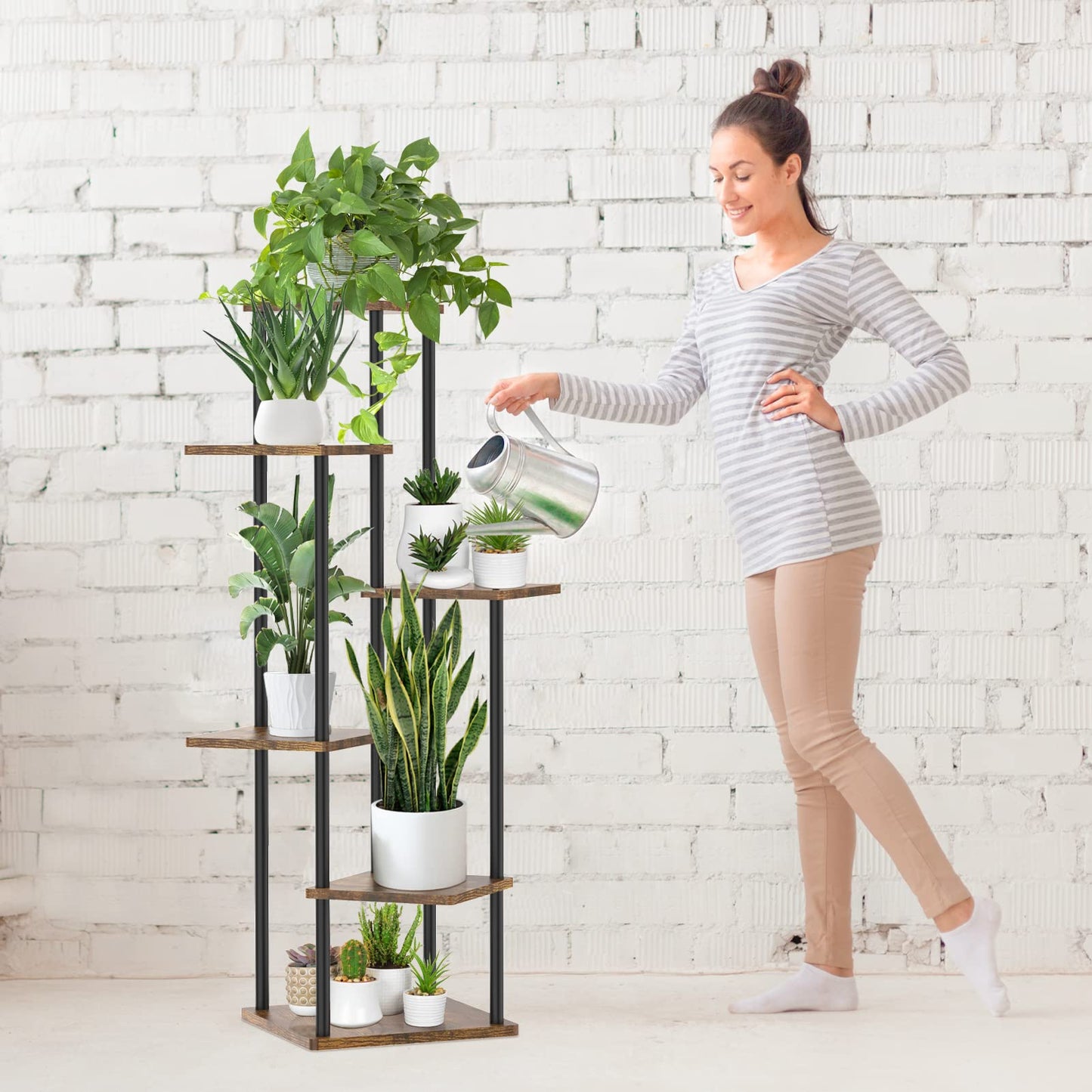 LyTaispuly 6 tier Plant Stand Flower Stand Outdoor, 115cm Metal Wood Flower Pot Stand Flower Ladder Flower Rack, Plant Stand for Outdoor Balcony Garden Living Room, Black