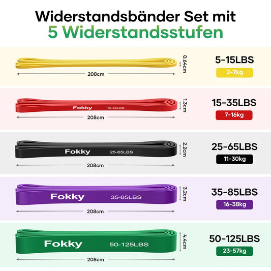 Fokky Fitness resistance bands with 5 levels, includes door anchor, 2 handles, exercise guide, and carrying bag. Great for strength training, yoga, and Pilates. Set of 5.