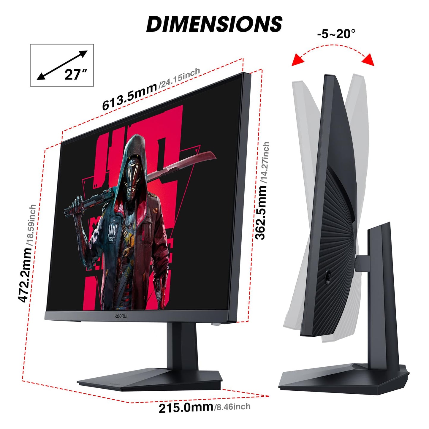 KOORUI Gaming Monitor 27 inch, Full HD Frameless Screen 165Hz Adaptive Sync (1ms, VA Panel, Eye-Care, 1920 x 1080, 2xHDMI 2.0, & DisplayPort 1.4, VESA 75x75mm, DCI-P3 90%)