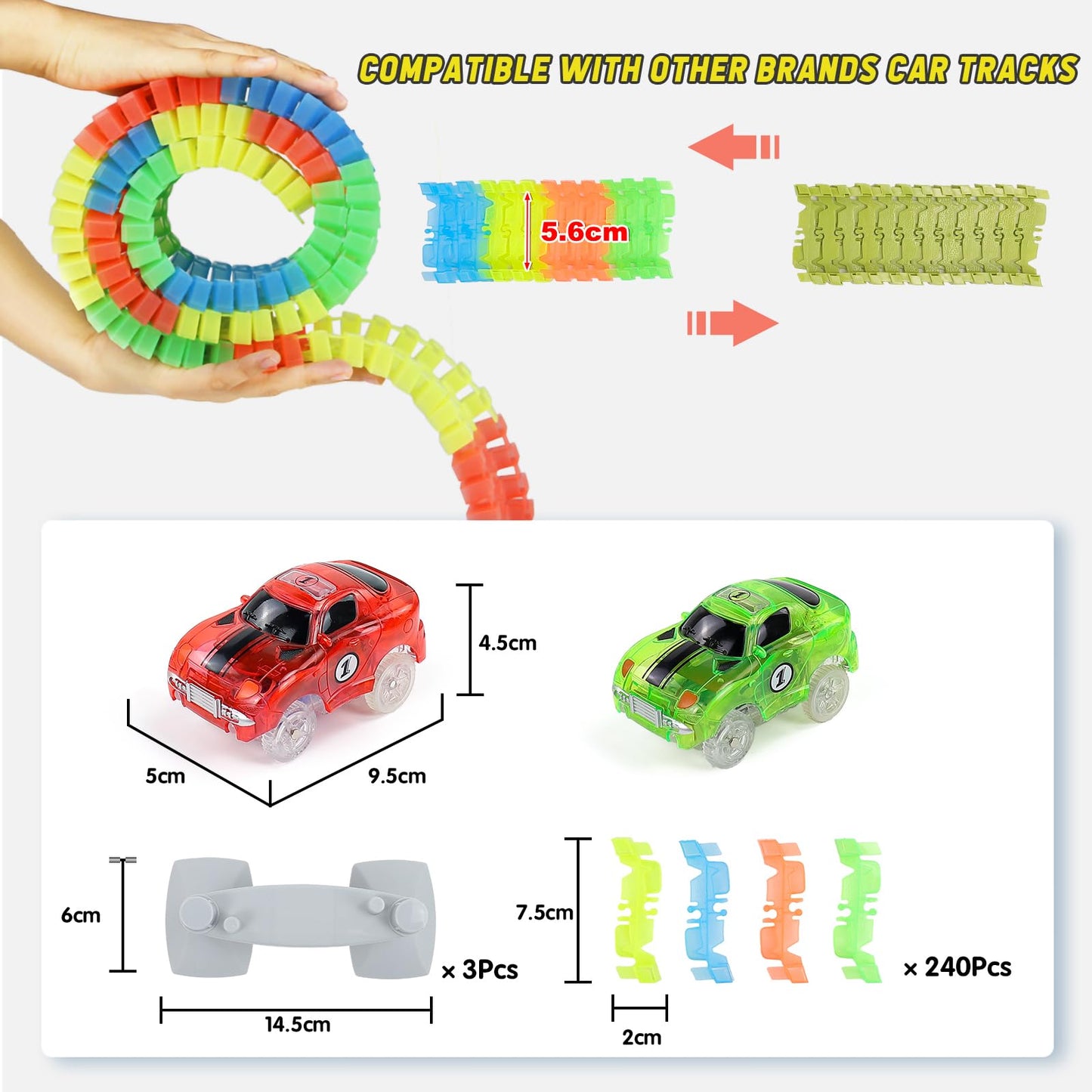 Toys for 3 years old. Race track for kids with 240 pieces. Glow tracks for cars. Great gift for girls and boys aged 3-6.