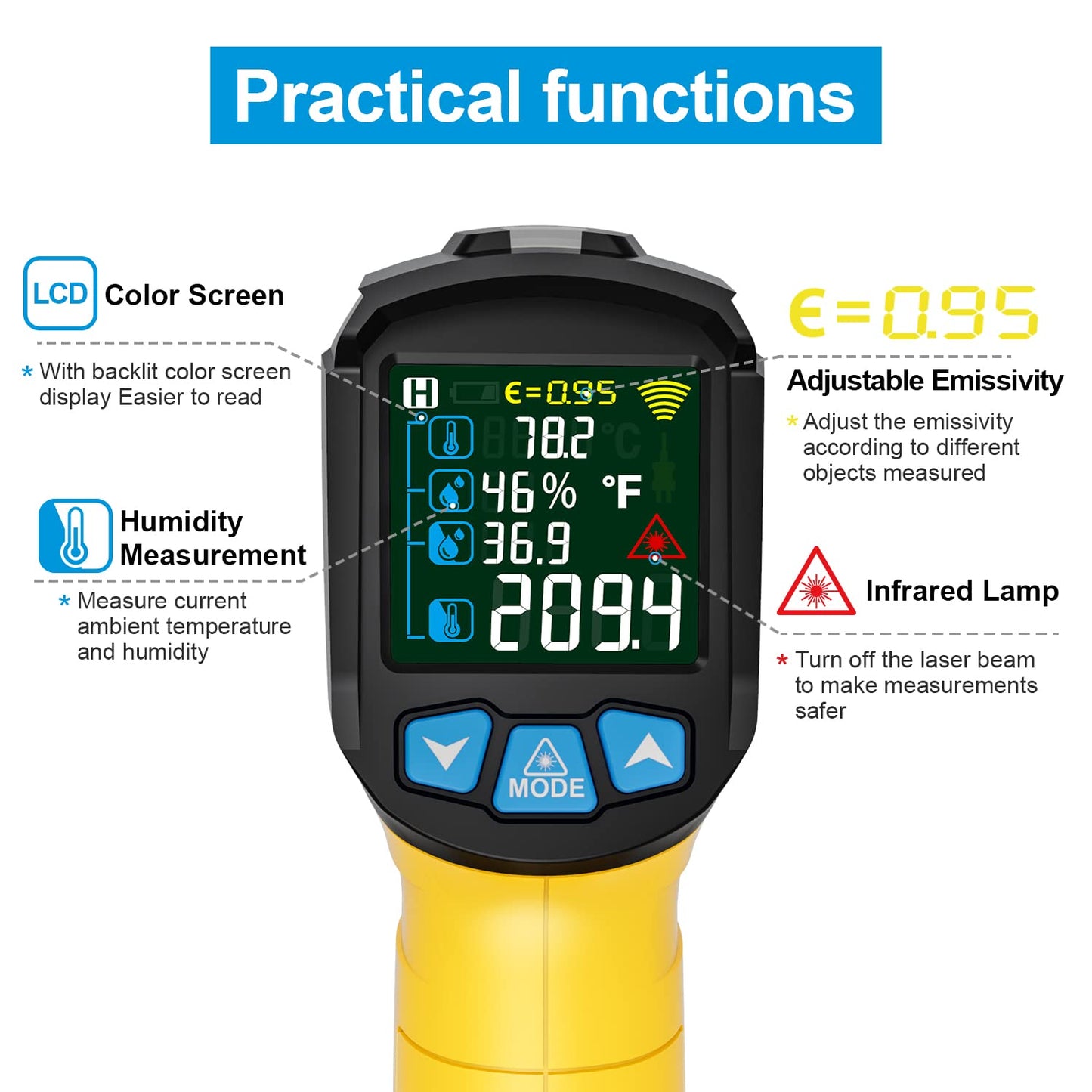 Infrared Thermometer Laser MESTEK Temperature Gauge with K Probe IR Pyrometer -50°C to 800°C Non-contact Color LCD Alarm Adjustable Emissivity for Kitchen.