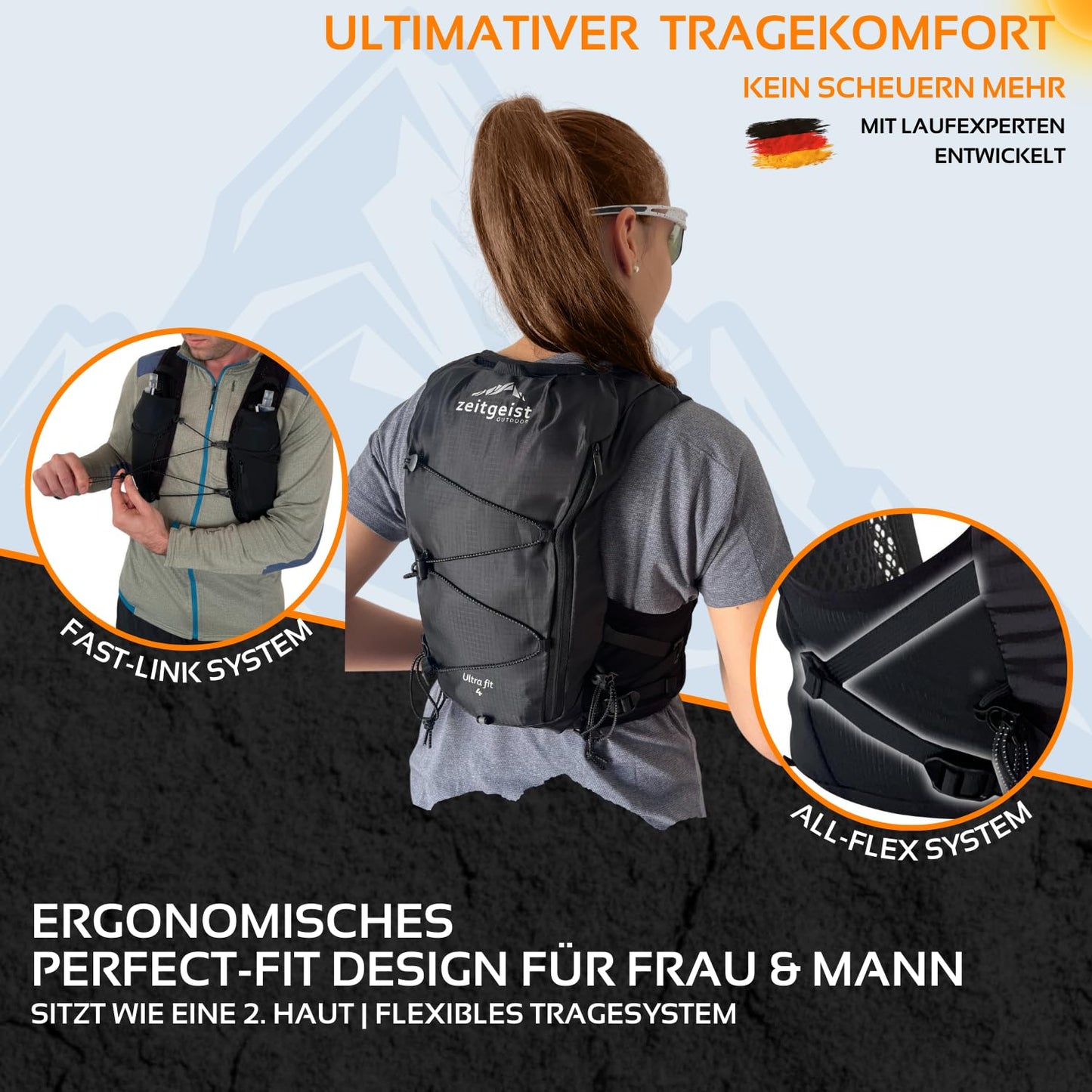 zeitgeist OUTDOOR® running vest for women and men 4L | optimal fit | breathable | ultra-light running backpack 210gr hydration pack running cycling backpack trail running backpack - (XS/S, black)