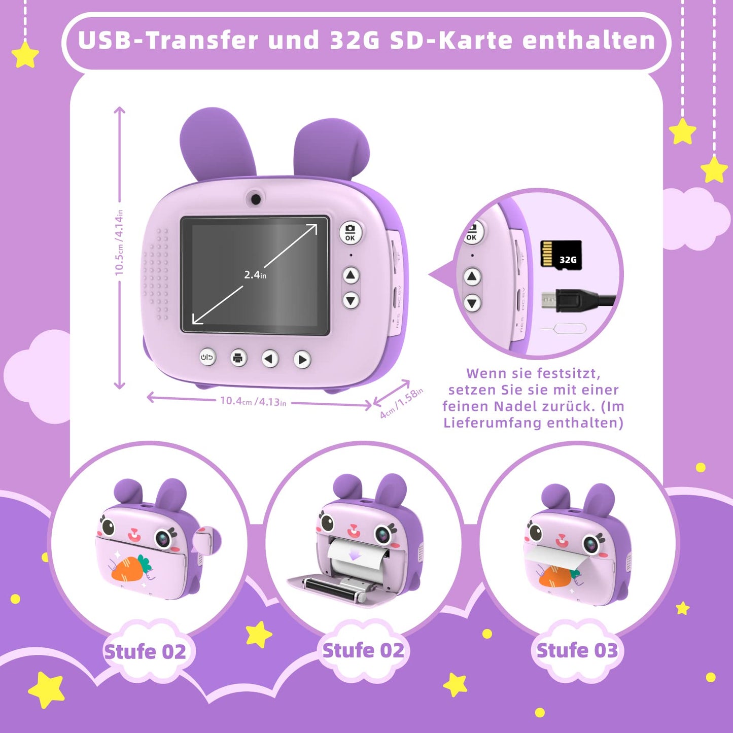 Children's camera instant camera, CAMCLID camera for children with 3 rolls of thermal paper & 32GB card, digital camera & video camera with 2.4" screen, instant camera gift for girls boys (purple)