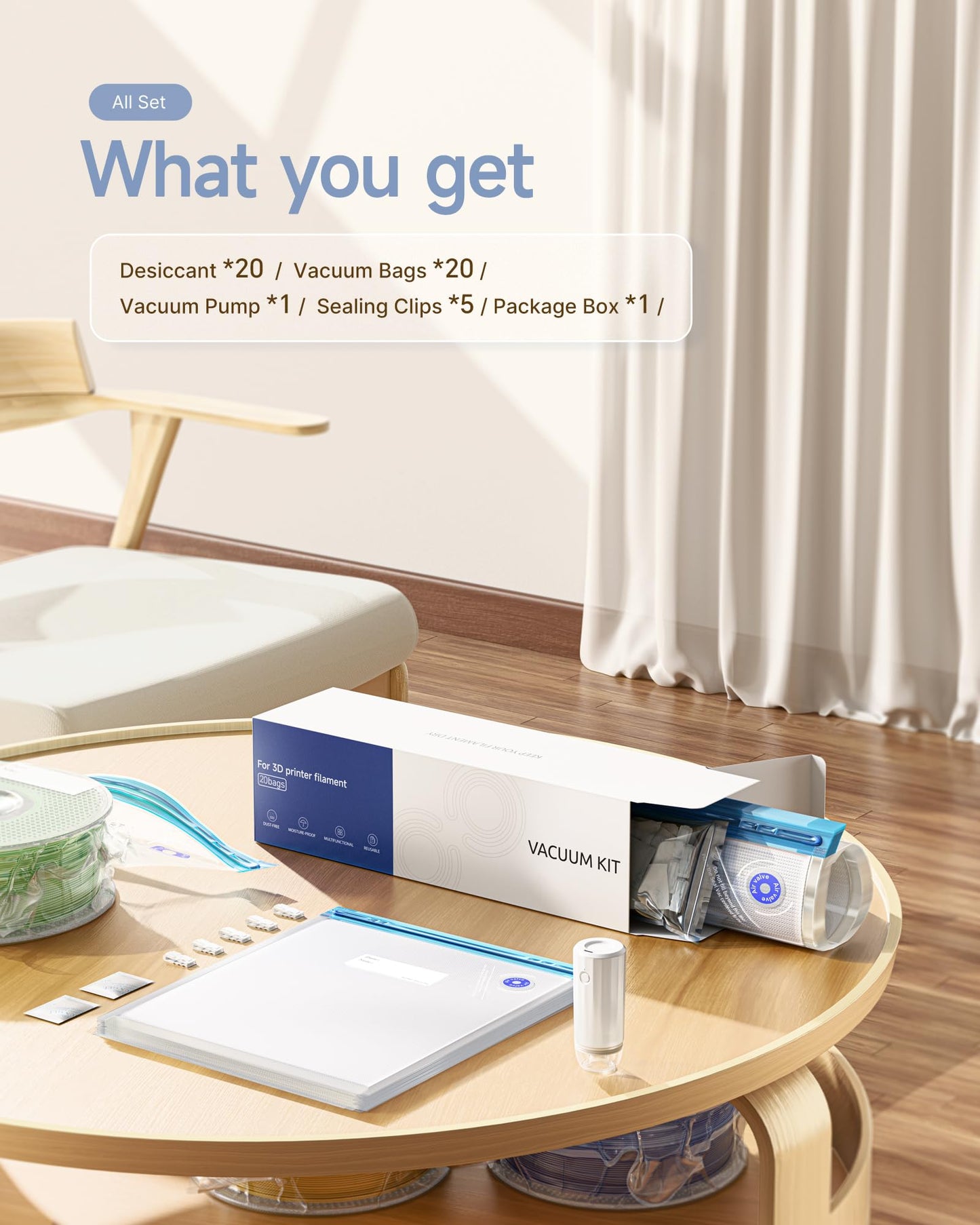 Filament Vacuum Bag Kit with Automatic Pump, 20 Filament Storage Bags 34*30 cm for 1.75mm 3D Printer Filament