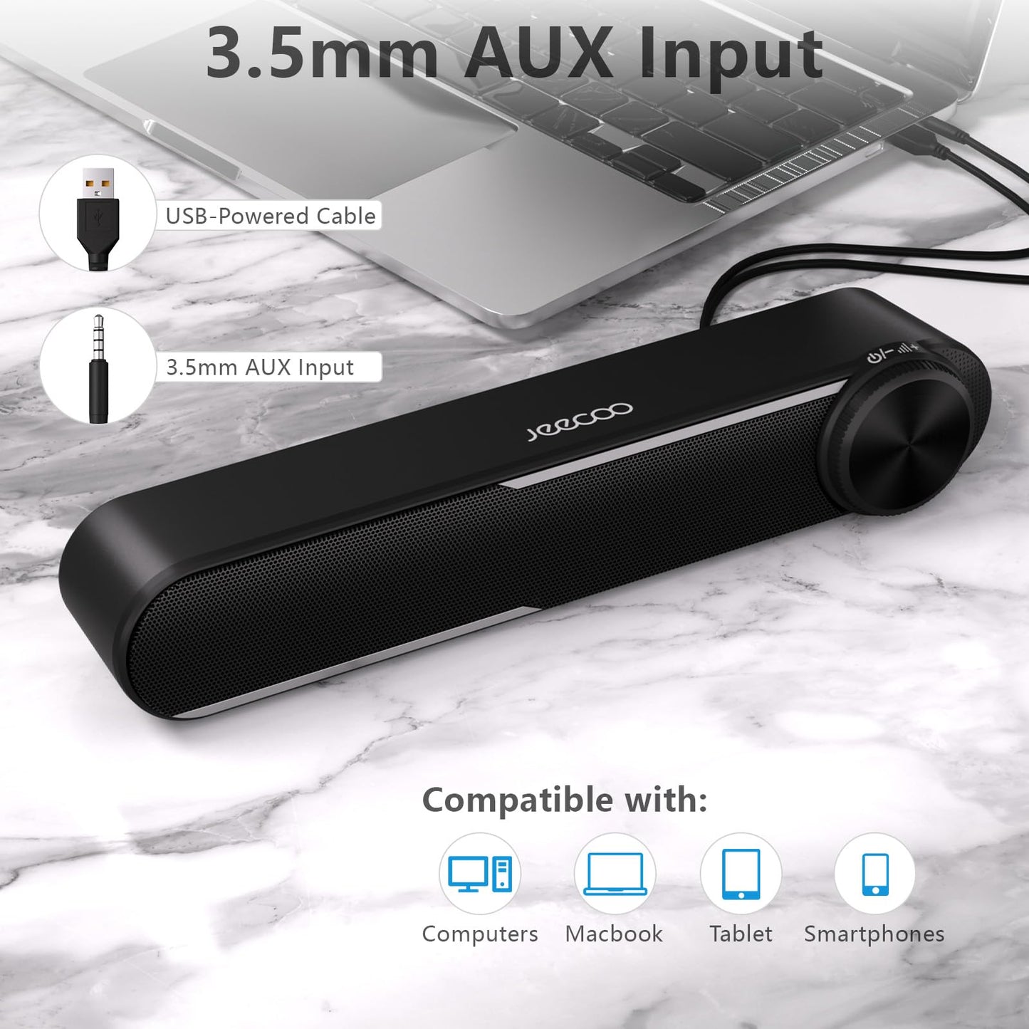 Jeecoo A30 PC speakers, computer speakers for PC, USB powered PC soundbar in black. Speakers for PC, laptop, monitor, iPad, tablets, smartphone (USB+3.5mm)