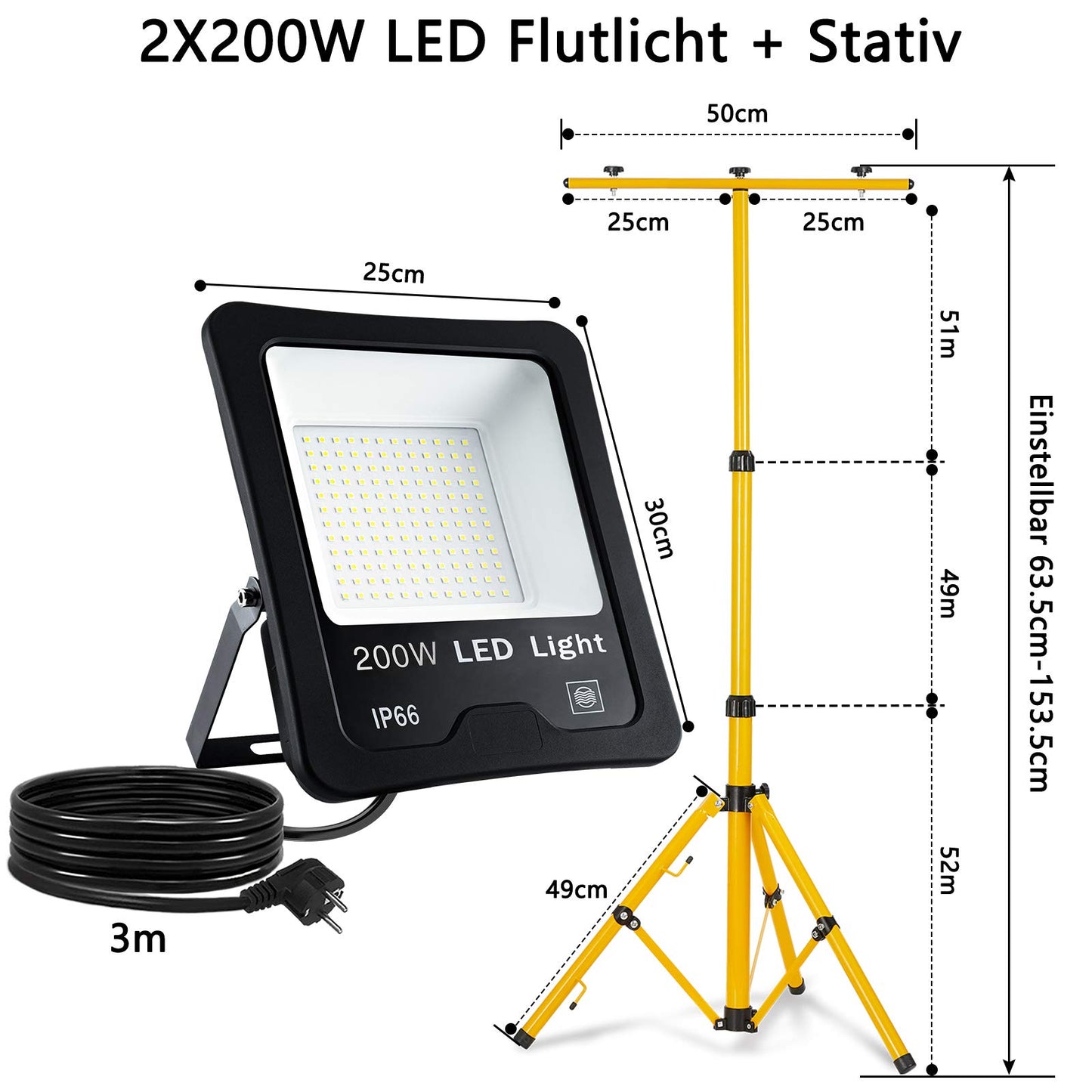 2x 200W LED floodlights super bright IP66 waterproof LED floodlight 6000 Kelvin cool white outdoor spotlight floodlights spotlight light with 150cm yellow telescopic tripod for LED floodlights