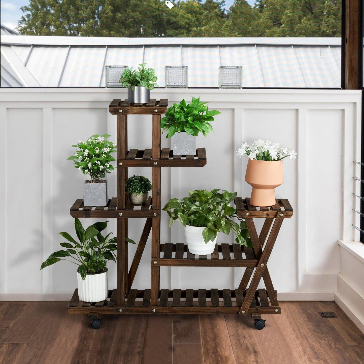 Yaheetech wooden plant stand with wheels, plant shelf, balcony flower rack, wooden flower bench, multi-tiered, 97.5 x 33 x 101cm.