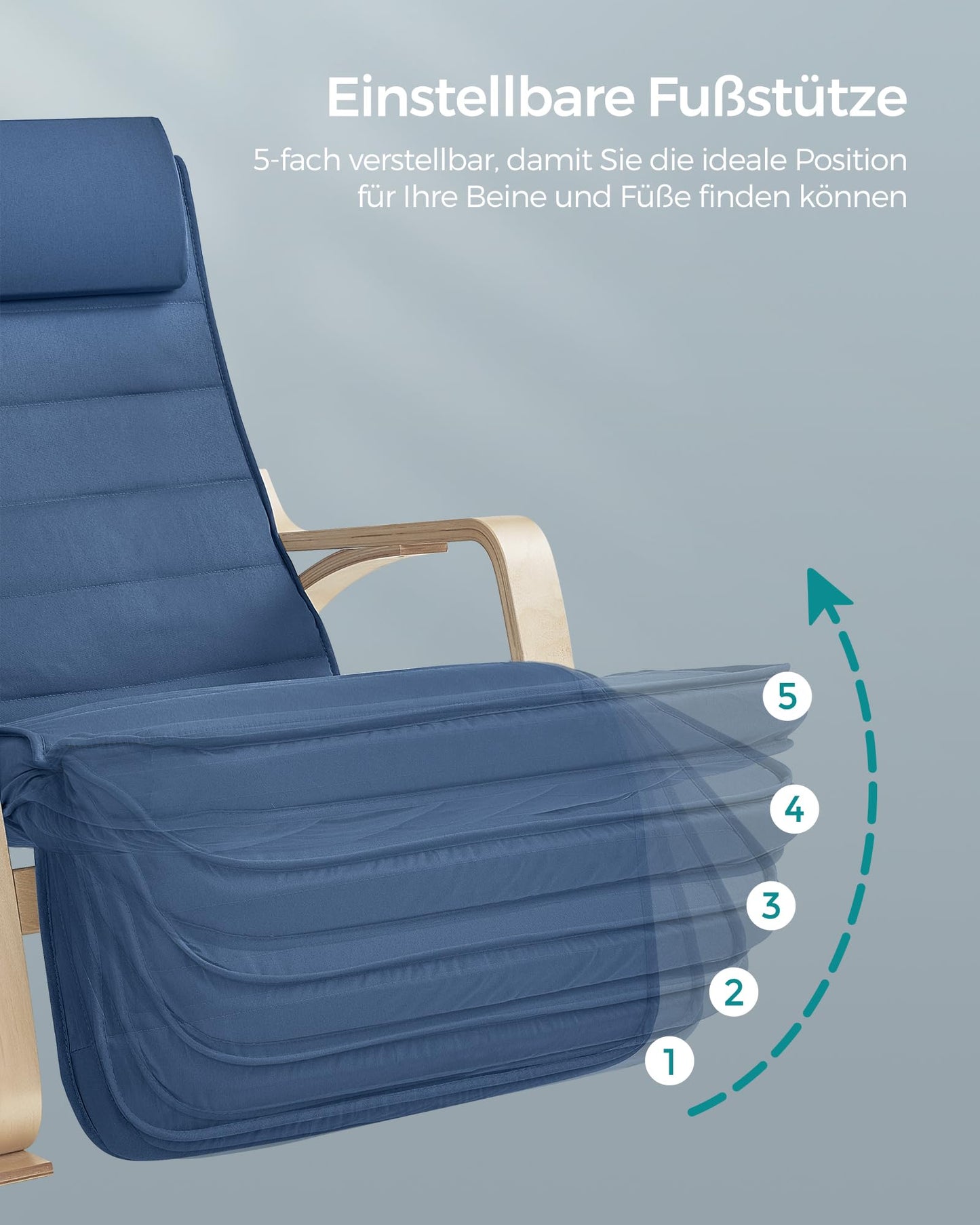 SONGMICS rocking chair with birch armrests, rocking armchair, 5-position adjustable footrest, up to 150 kg load capacity, for bedroom, living room, midnight blue-natural LYY010Q01