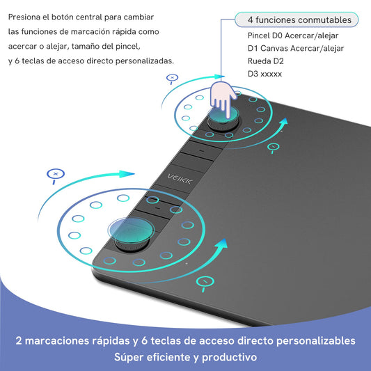 VEIKK VK1060PRO graphics tablet, 10x6 inch drawing tablet with 8 shortcut keys. Features double wheel design, 8192 levels of pressure sensitivity, battery-free pen. Compatible with Windows/Mac OS/Android/Linux.