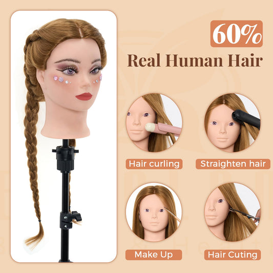 Neverland Beauty 71 cm training head with 60% real hair, barber mannequin head, cosmetology doll head with table clamp and hairdressing tool set, straight, human hair, sew-in gold.