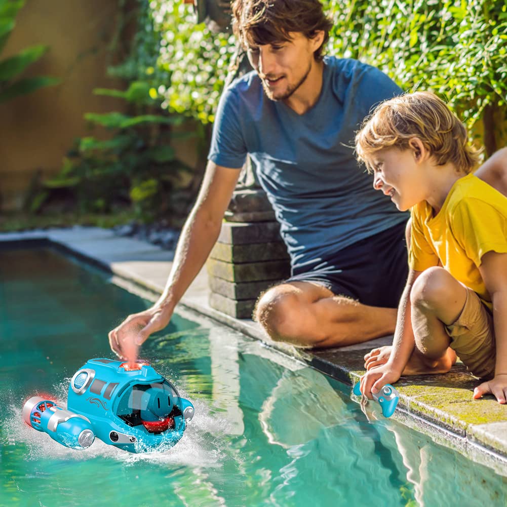 Remote Control Boat for Kids RC Boat 2.4 GHz Pool Toy Kids with Spray/Light Function/Double Propellers, Water Toy for Pools Lakes Boys Girls Outdoor Toys Gifts (Blue)
