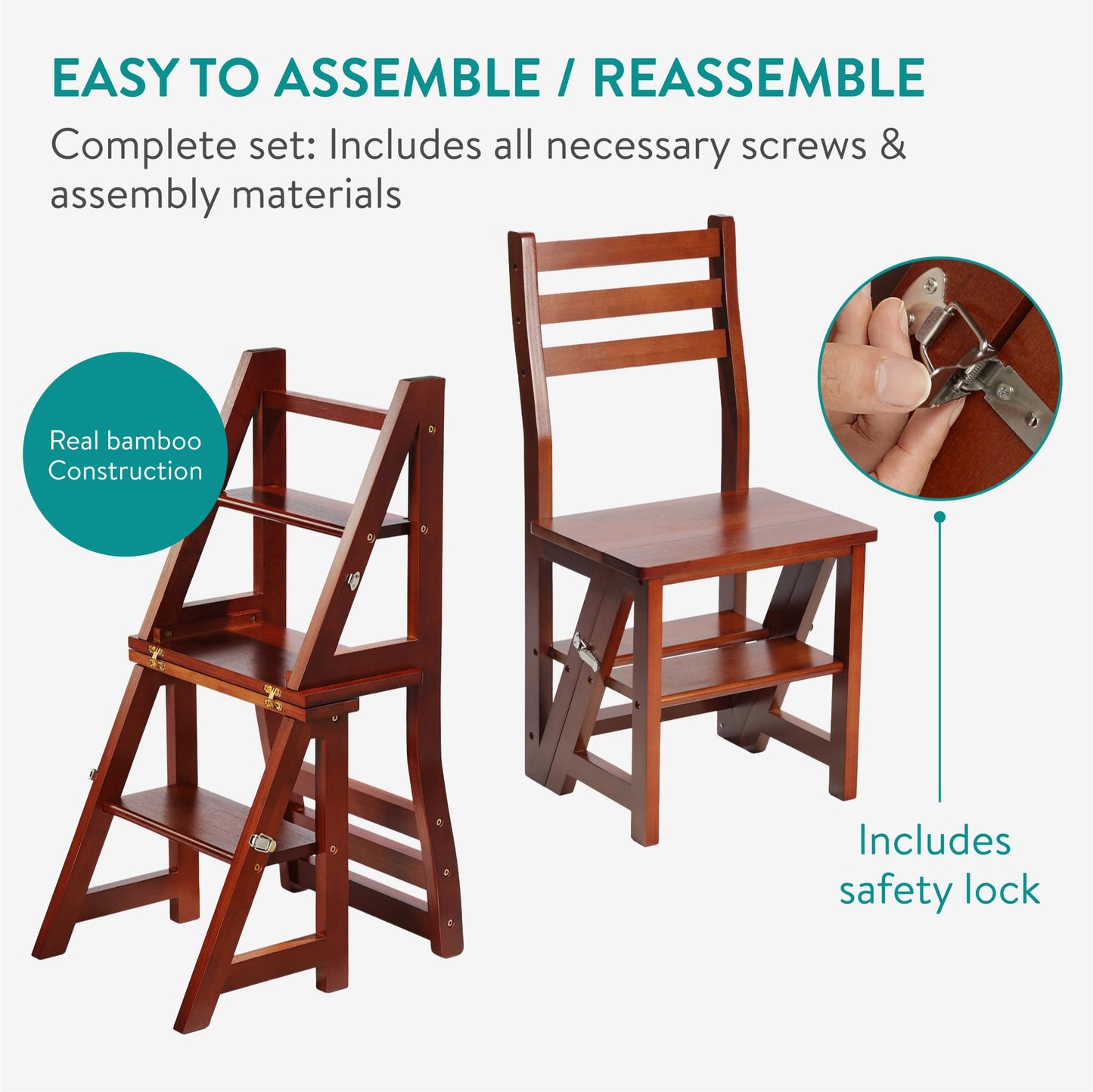 Navaris Folding Chair with Step Function - Chair 3-Step Ladder and Flower Stand in One - Bamboo Folding Chair Folding Step Stool - Kitchen Chair Foldable - Dark Brown