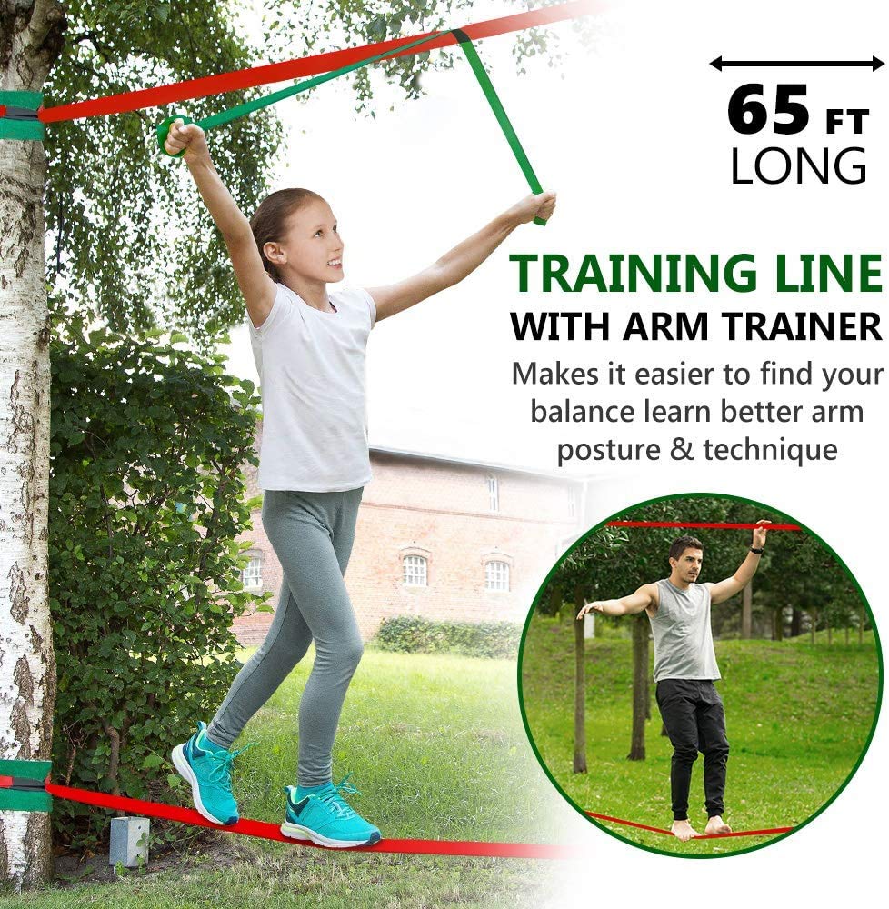 Dripex Slackline for Kids, 2×20m Ninja Slackline and Ninja Warrior Obstacle Course for Outdoor Garden, Ninja Course for Kids with Swing, Climbing Ladder, Climbing Net, and Tree Protectors, suitable for beginners.