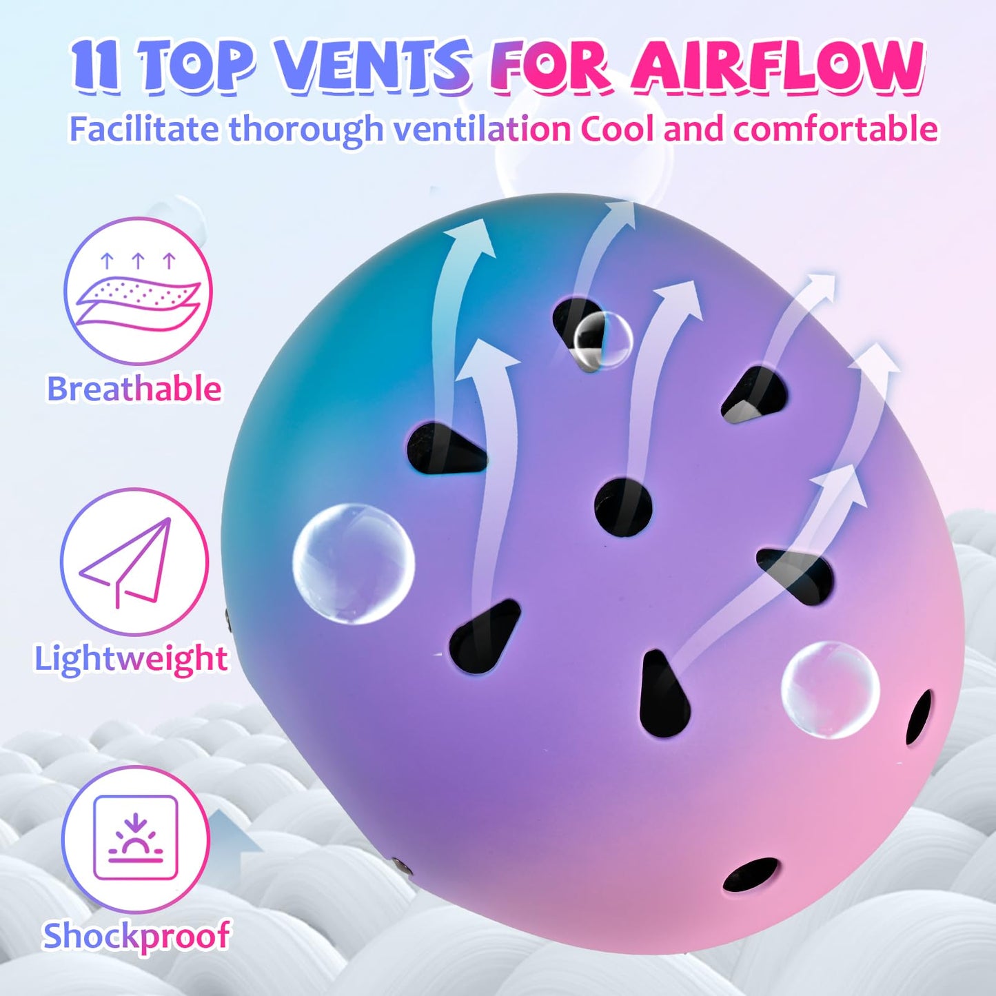 LOKJIJI Adjustable Kids Bike Helmet Skater Helmet for Girls Boys Children Youth, Color Gradient Kids Protective Helmets for Multi-Sports Bicycle Skateboarding Skating, Purple, S