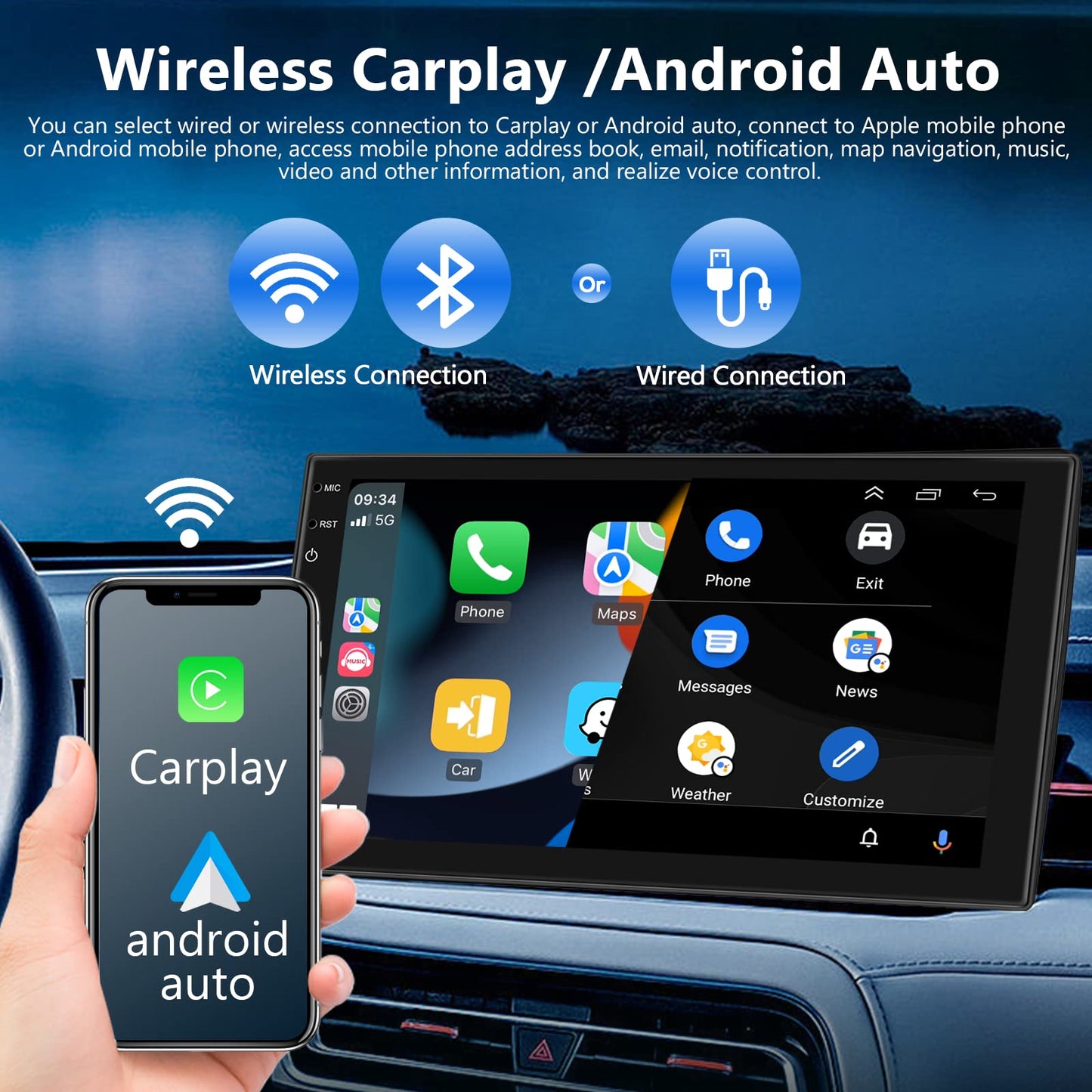 Hodozzy Android car stereo 2G+64G Wireless CarPlay Android Auto Double Din Radio with navigation 7 inch touchscreen GPS Bluetooth WiFi FM RDS Radio Rearview camera ISO adapter cable