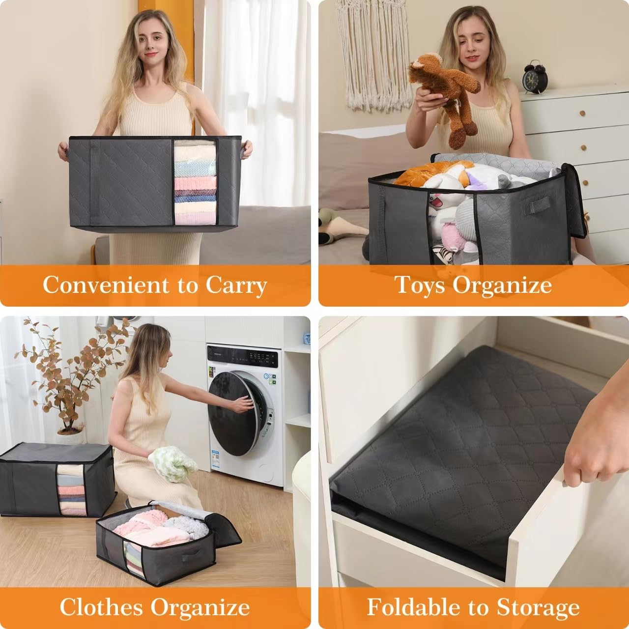Auveir 6 Pieces 60L Storage Bag, Storage Box with Lid, Large Clothes Storage Moving Boxes, Foldable Storage Bins for Comforters Blankets Clothing Underbed Closet