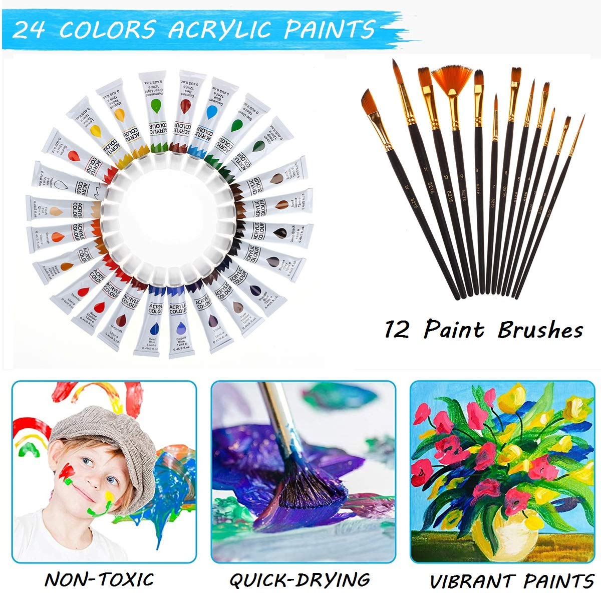 HOTOOLME 55 pieces Canvas Painting Set with Acrylic Paint Set, including wooden easel, canvases, brushes, palette, and storage bag. Acrylic painting starter kit for boys and girls.