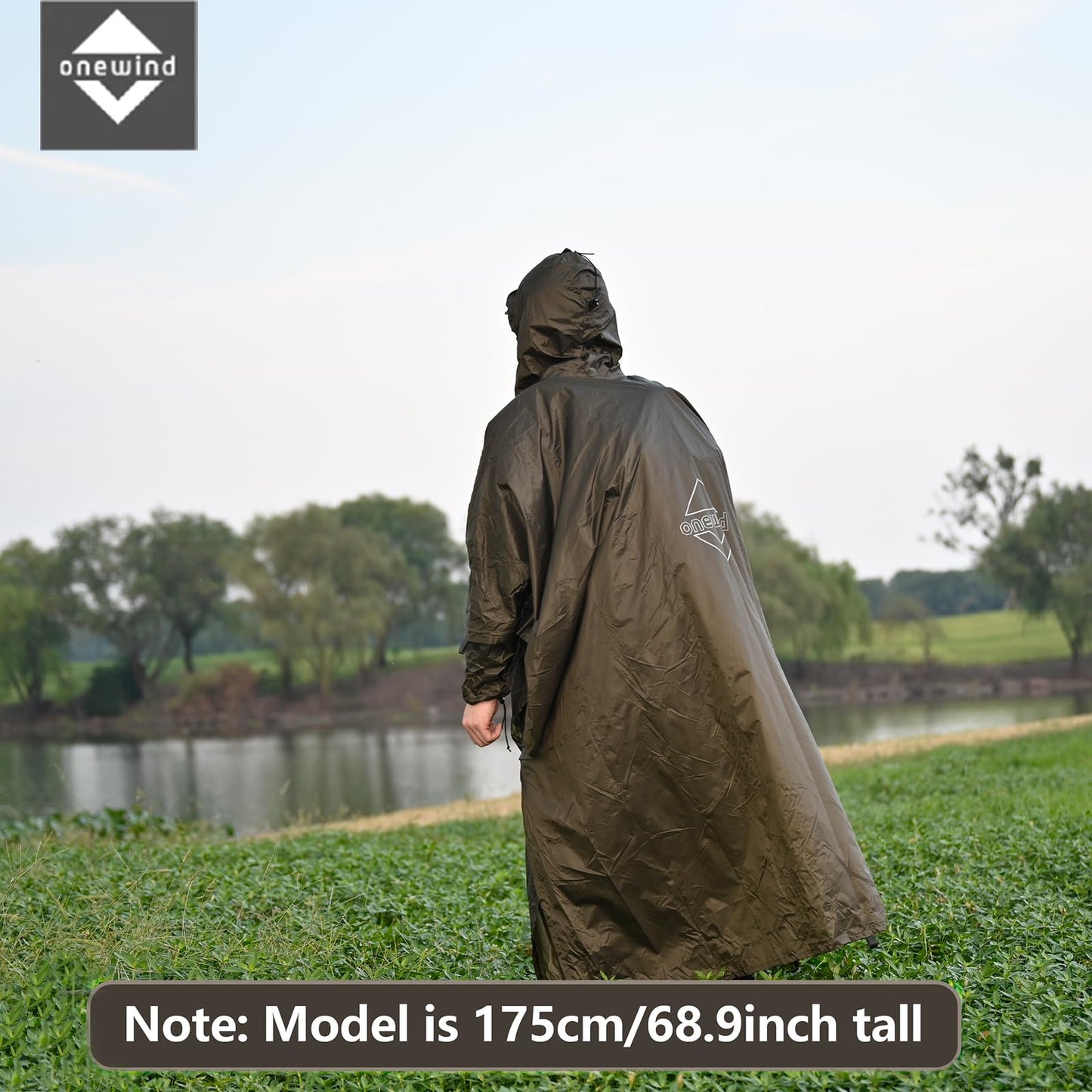 Onewind rain poncho for men and women, lightweight waterproof raincoat with hood and adjustable straps for camping, hiking, trekking, OD green.
