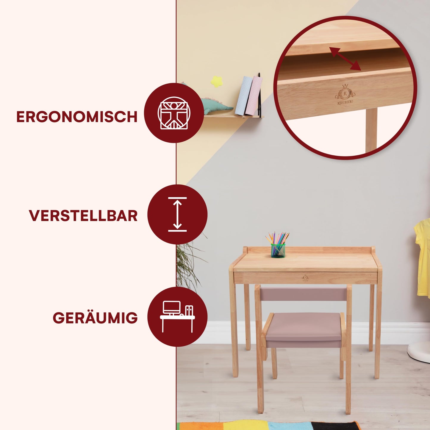 Livonir Kids Table Chair Set - Natural Wood Desk, Children's Desk and Chair Set for Home and School, Kids Bedroom Furniture - Pink & Natural Brown, swivel chair Kids