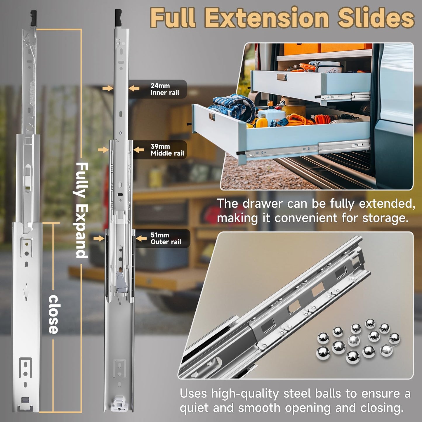 AOLSHENG drawer slide full extension 900 mm, Heavy-duty drawer slides with lock 50 kg load capacity, 1 pair (2 pieces)