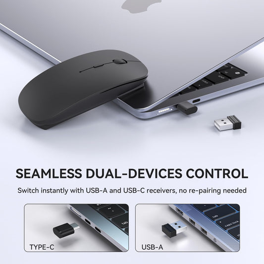 RaceGT Wireless Mouse USB-C & USB-A, Rechargeable Mouse 2.4GHz Silent click 3 Adjustable DPI levels with 4 buttons, with ON/OFF switch for Computer Laptop PC Macbook Pro/Air Chromebook