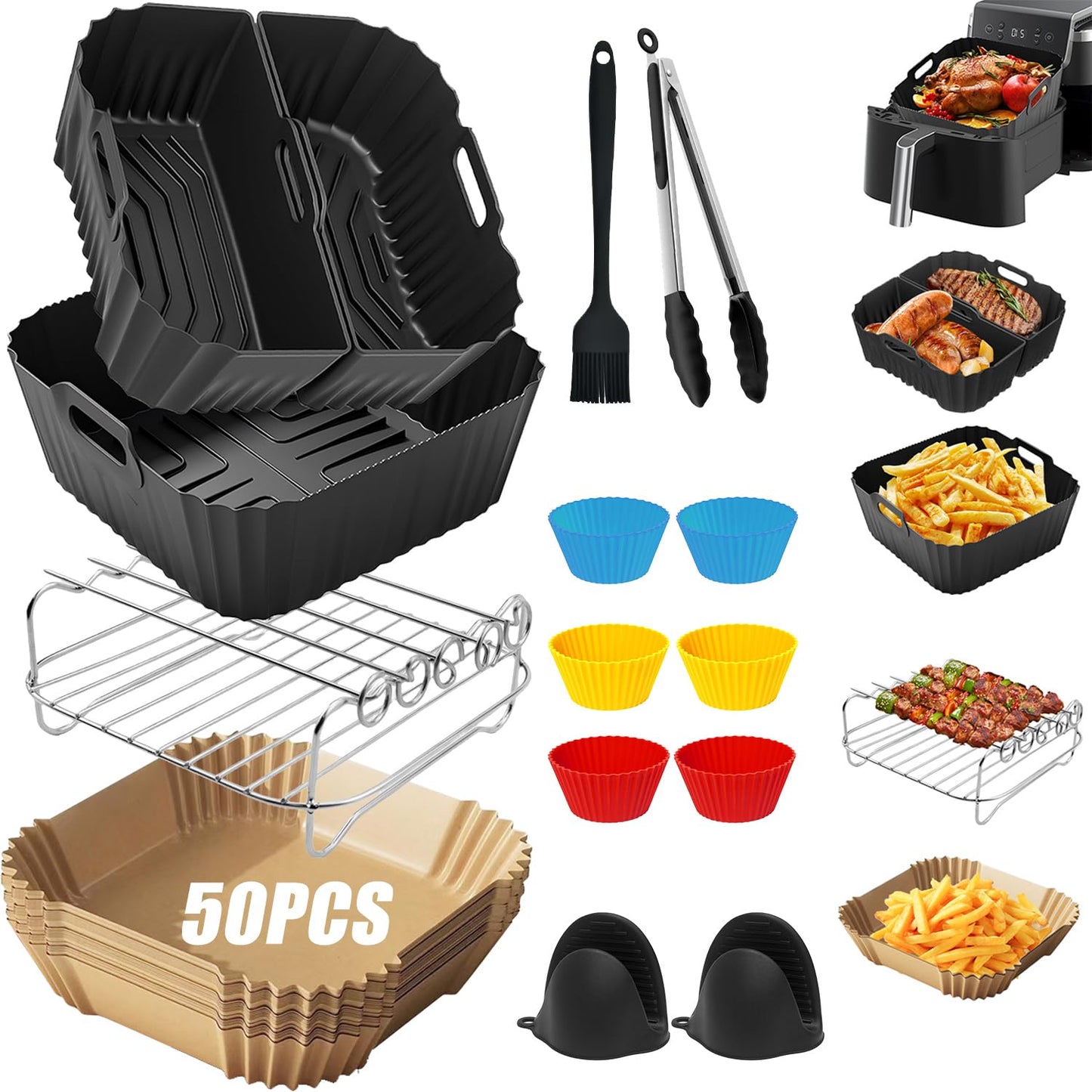 Hot Air Fryer Accessories 19-23cm, Square Airfryer Accessories for Ninja, Philips, COSORI, Russell Hobbs, Tefal, Cecotec 4.5L-8L, With Grill Rack Silicone Mold Airfryer Parchment Paper