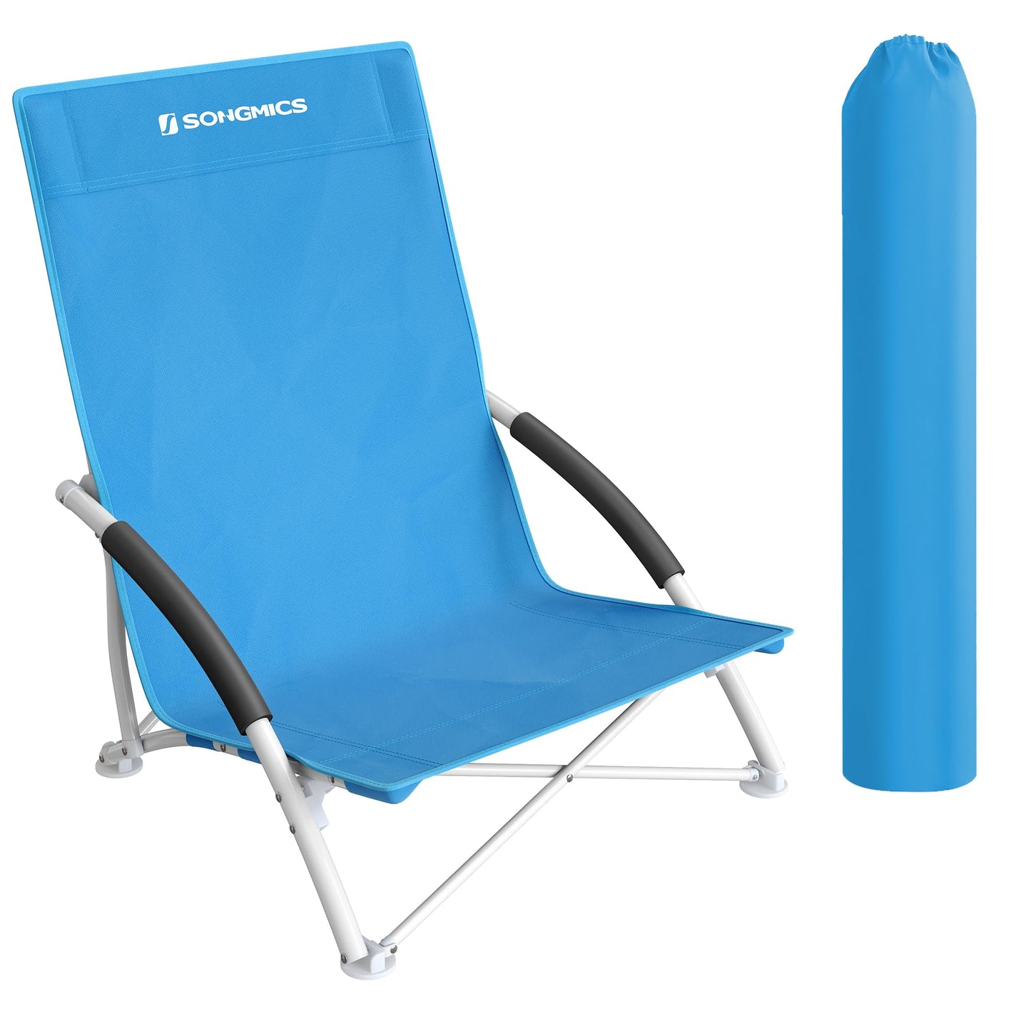 SONGMICS Beach chair, portable folding chair with high backrest, collapsible camping chair, lightweight, high load capacity, outdoor chair with carrying bag, light blue GCB61BU