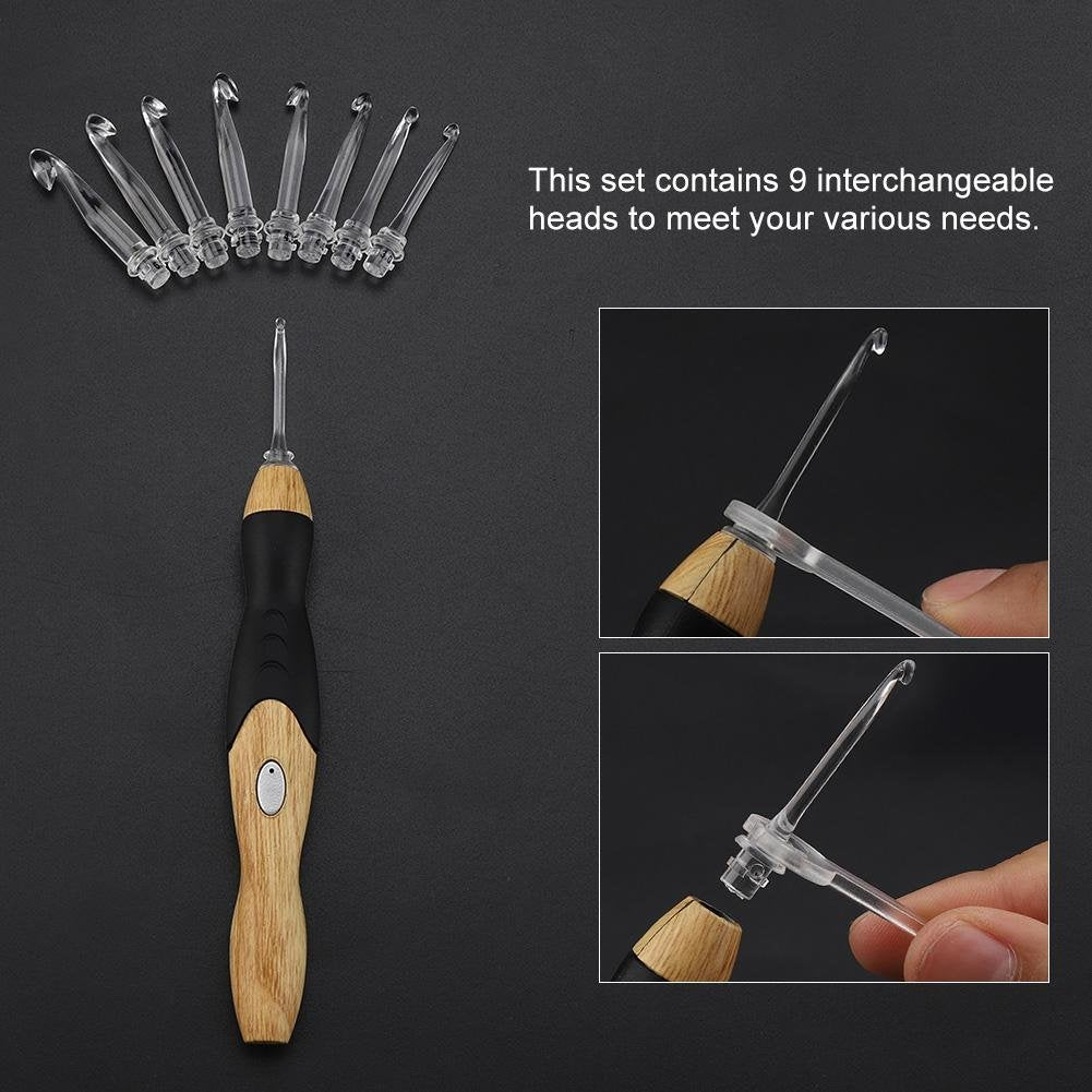 LED Crochet Hook Set, 9-in-1, USB Rechargeable, Illuminated Crochet Hooks with Light, Hand Weaving Sewing Tools (Silicone Handle)