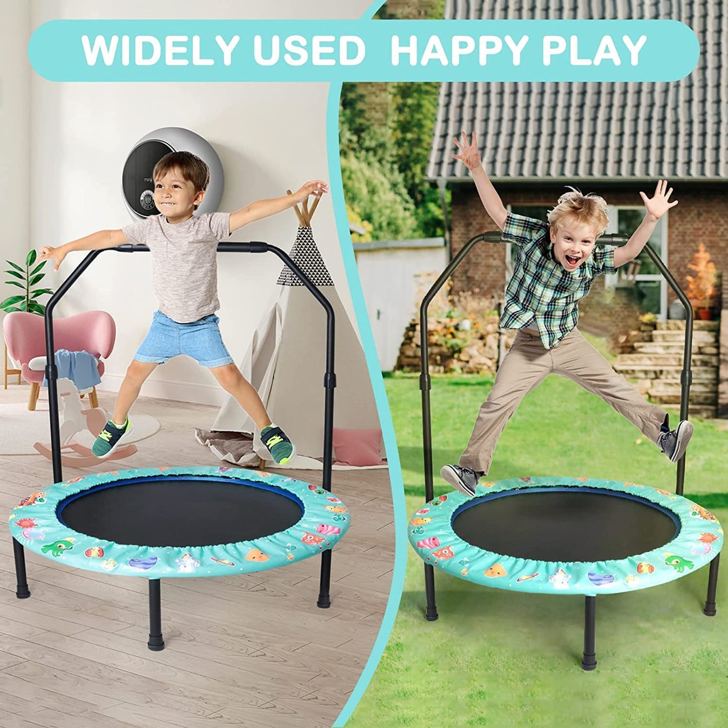 Kids trampoline, Ø approx 92cm Mini trampoline Foldable with detachable and adjustable handle, safe padding, garden trampoline indoor outdoor for children aged 3+ (Green)