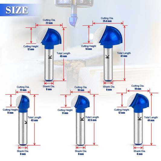 ASNOMY 5 Pieces Carbide Core Box Router Bits Set, 8mm Shank, Round Nose Ball Cutter Woodworking Router - 12mm/16mm/19mm/22mm/25.4mm