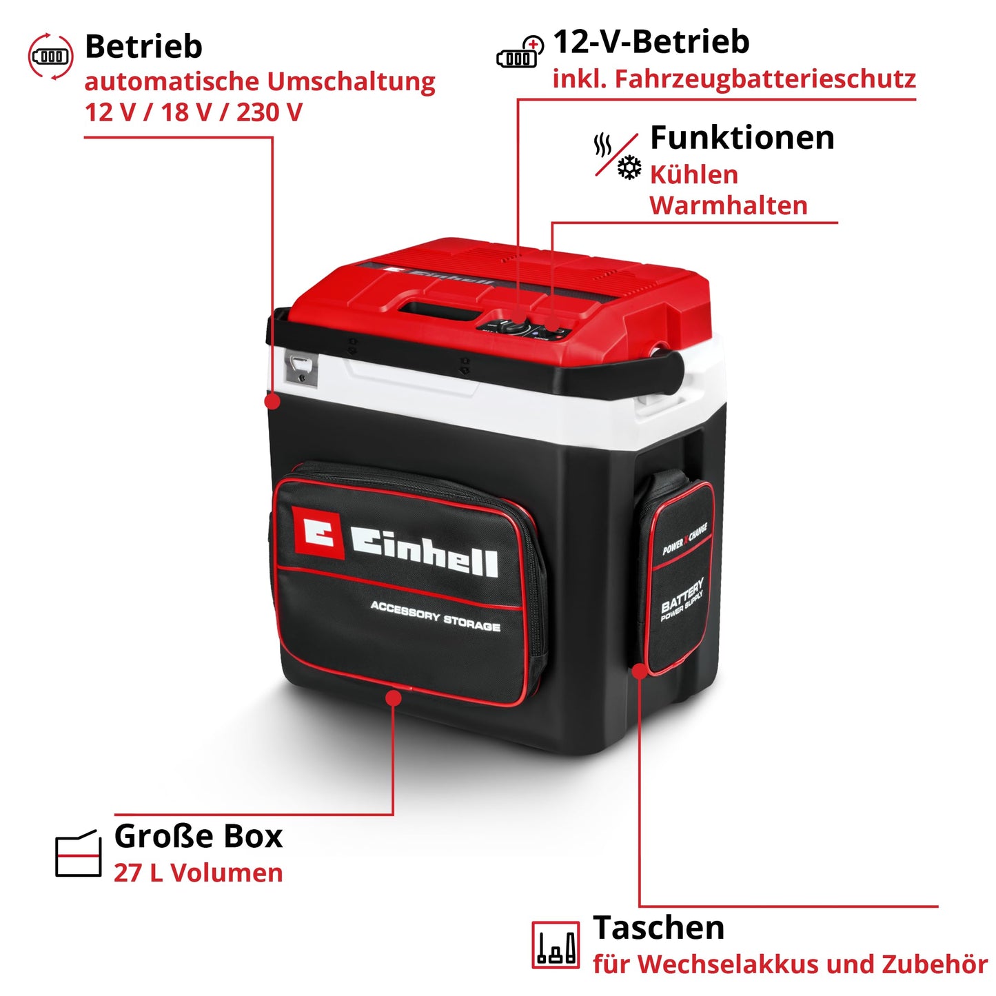 Einhell Battery-Powered Cooler TE-COL 18/27 Li-Solo Power X-Change (18 V, 27 liters, Cooling and Heating, Hybrid 12 V for Car, 230 V Power Connection, including Bags, without Battery)