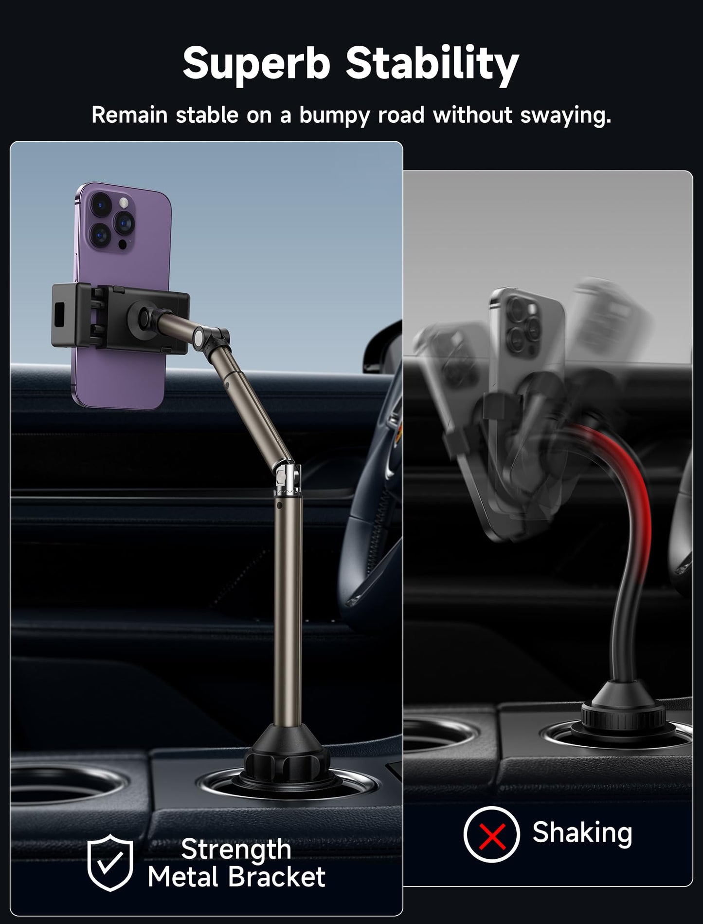 JSAUX car cup holder phone mount, metal long arm stable phone holder for car - adjustable for iPhone 16 15 Pro Max 13 12 11, Samsung Galaxy S24 S23 Ultra, Google Pixel 9 Pro