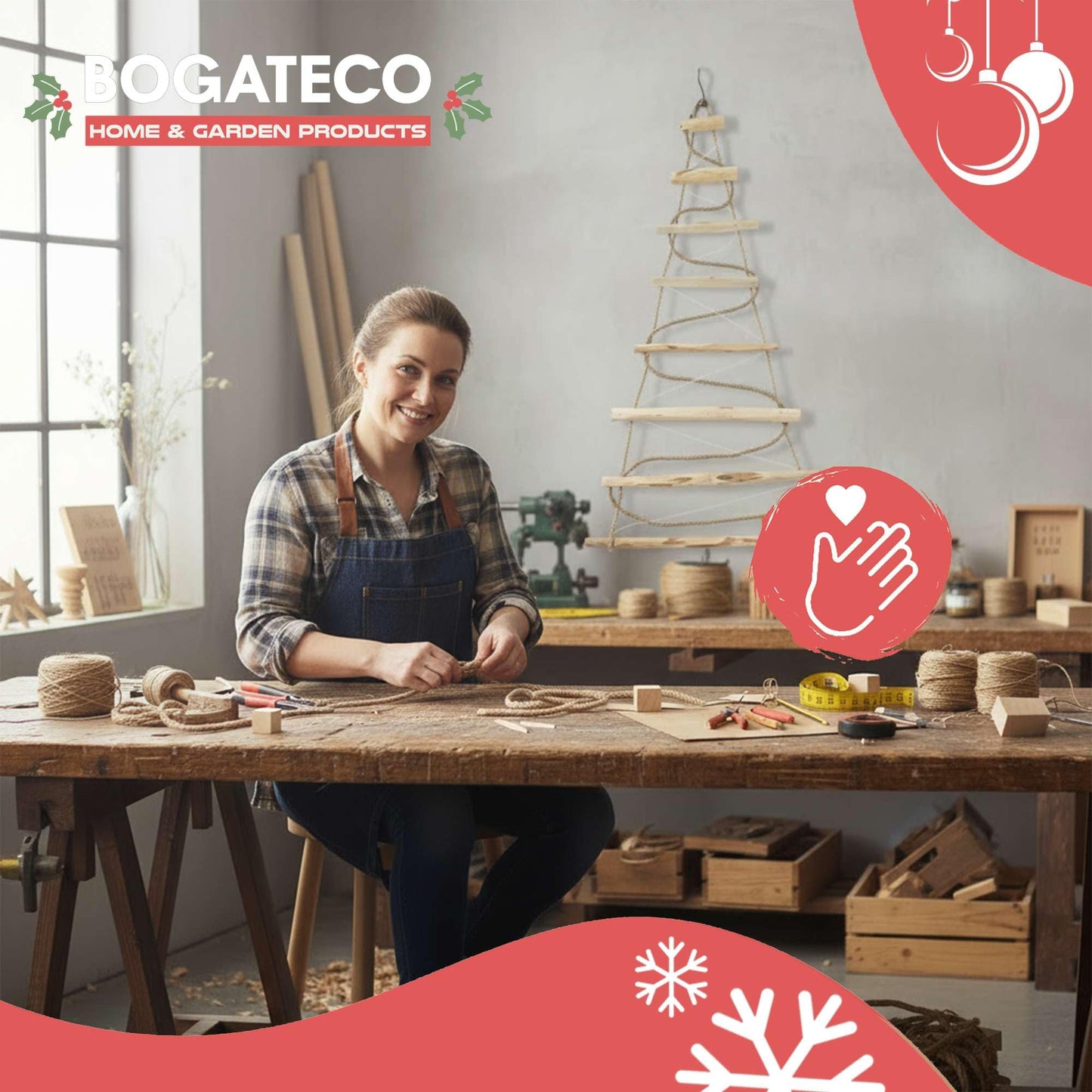 Handmade Christmas tree 205 cm high, made of hazelnut wood | Decorative ornaments | with 10m LED lights | Wooden plates connected by a 6mm thick jute rope.