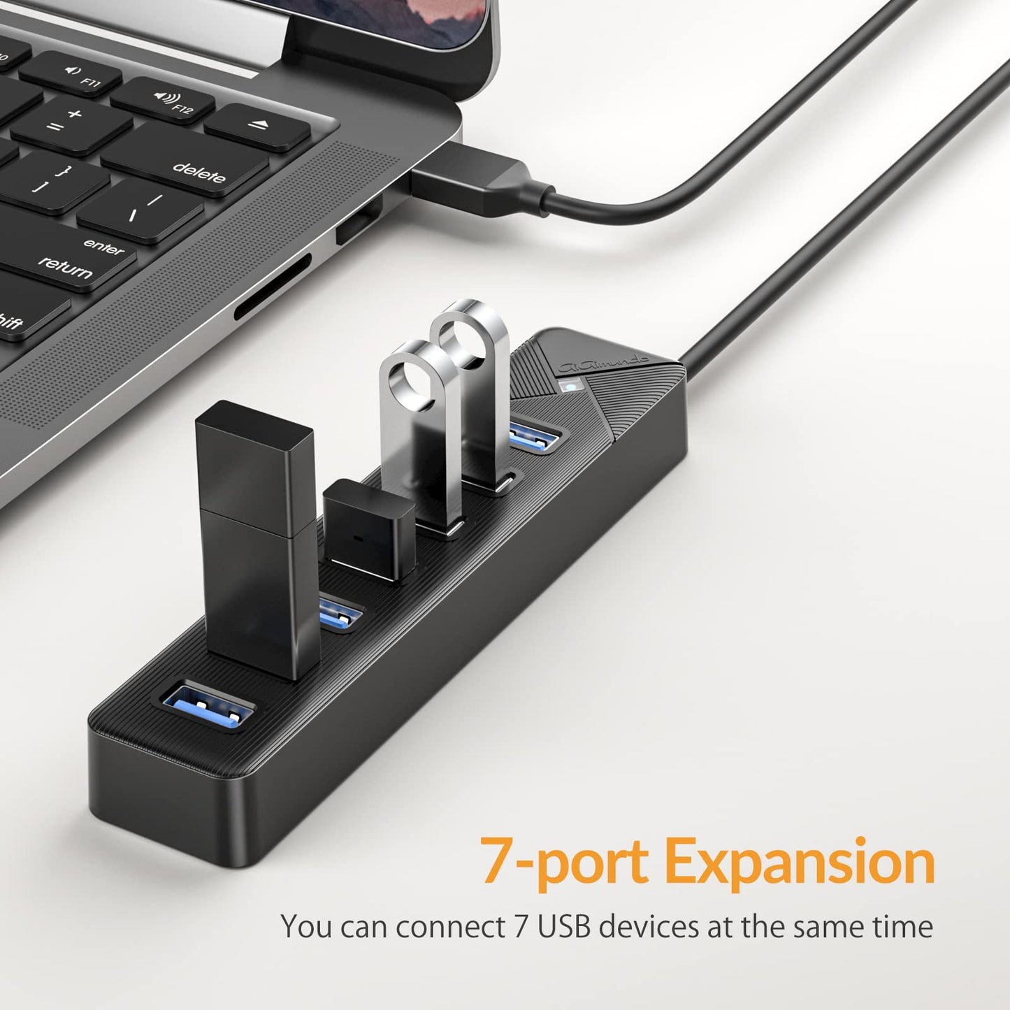 GiGimundo PG7U USB Hub 3.0, 7-Port USB Splitter, 1m Cable with 5V/3A Power Input, Multi USB Adapter for PC Laptop, older MacBook, PS4, PS5, Flash Drive, Keyboard, Mouse GGM-PG7U-U3-10-BK-EU