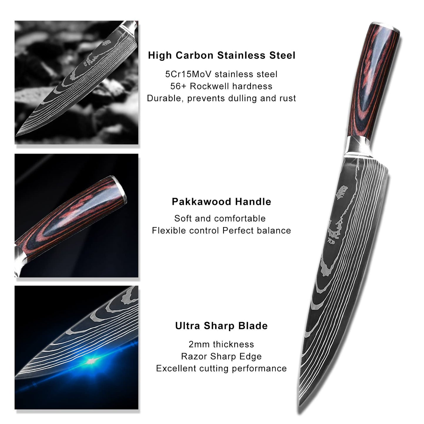 Gustrug Kitchen Knife Set 8-piece knife set made of high-quality stainless steel, ultra sharp knife set with ergonomic handle, gift box, perfect for home and restaurant cooking.