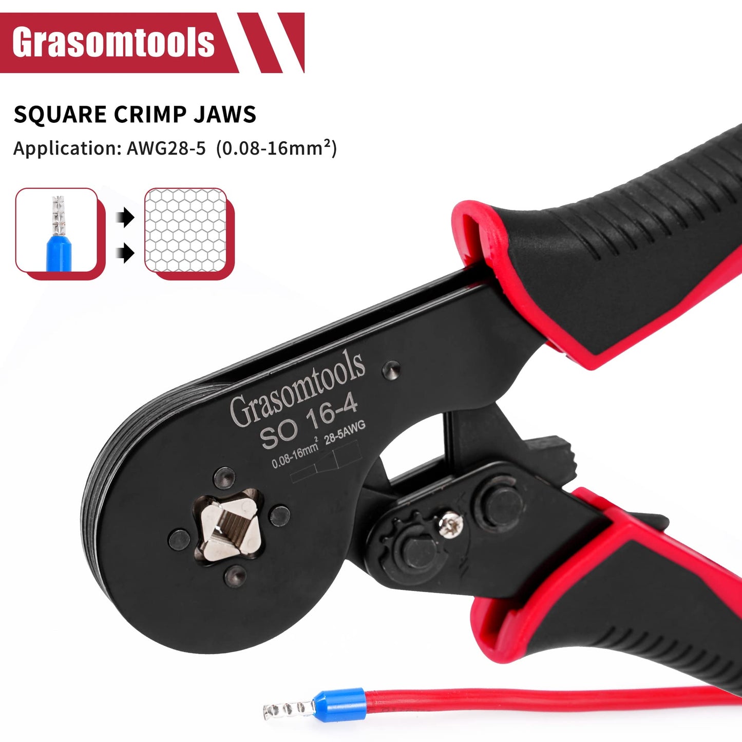 Wire end sleeves crimping pliers, 0.08-16mm²/AWG 28-5 crimping tools, wire crimping pliers, self-locking ratchet crimping pliers, 16mm² bootlace wire end sleeves crimping pliers.