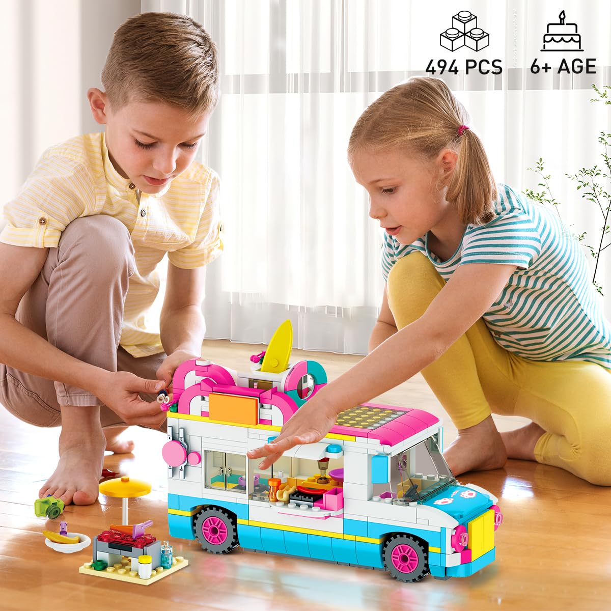 CUBIMANA 3-in-1 camper building blocks toy, RV caravan construction toy with slide and stickers, gifts for kids girls and boys from 6 to 12+ years old (494PCS)