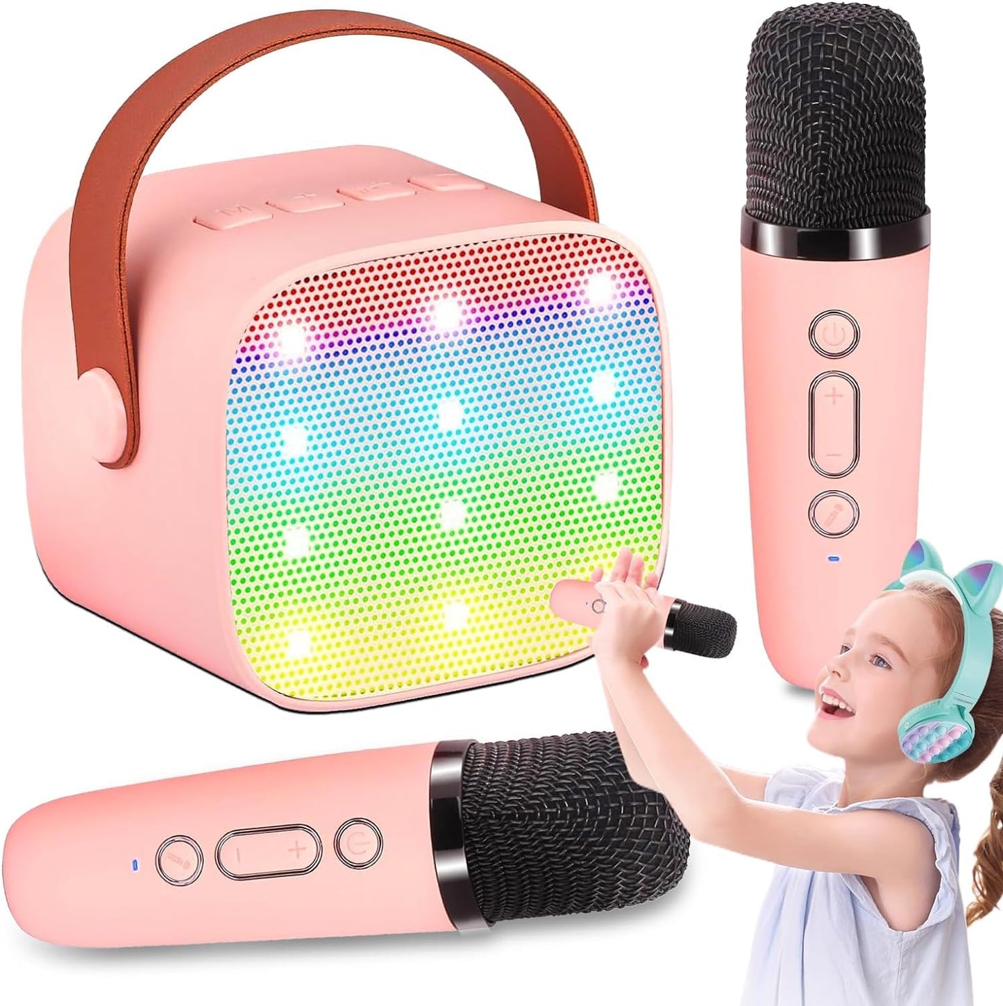 DiliDala Karaoke machine with 2 wireless microphones, Bluetooth speaker with light effects. Portable Bluetooth Karaoke machine for adults with voice changing effects for kids.