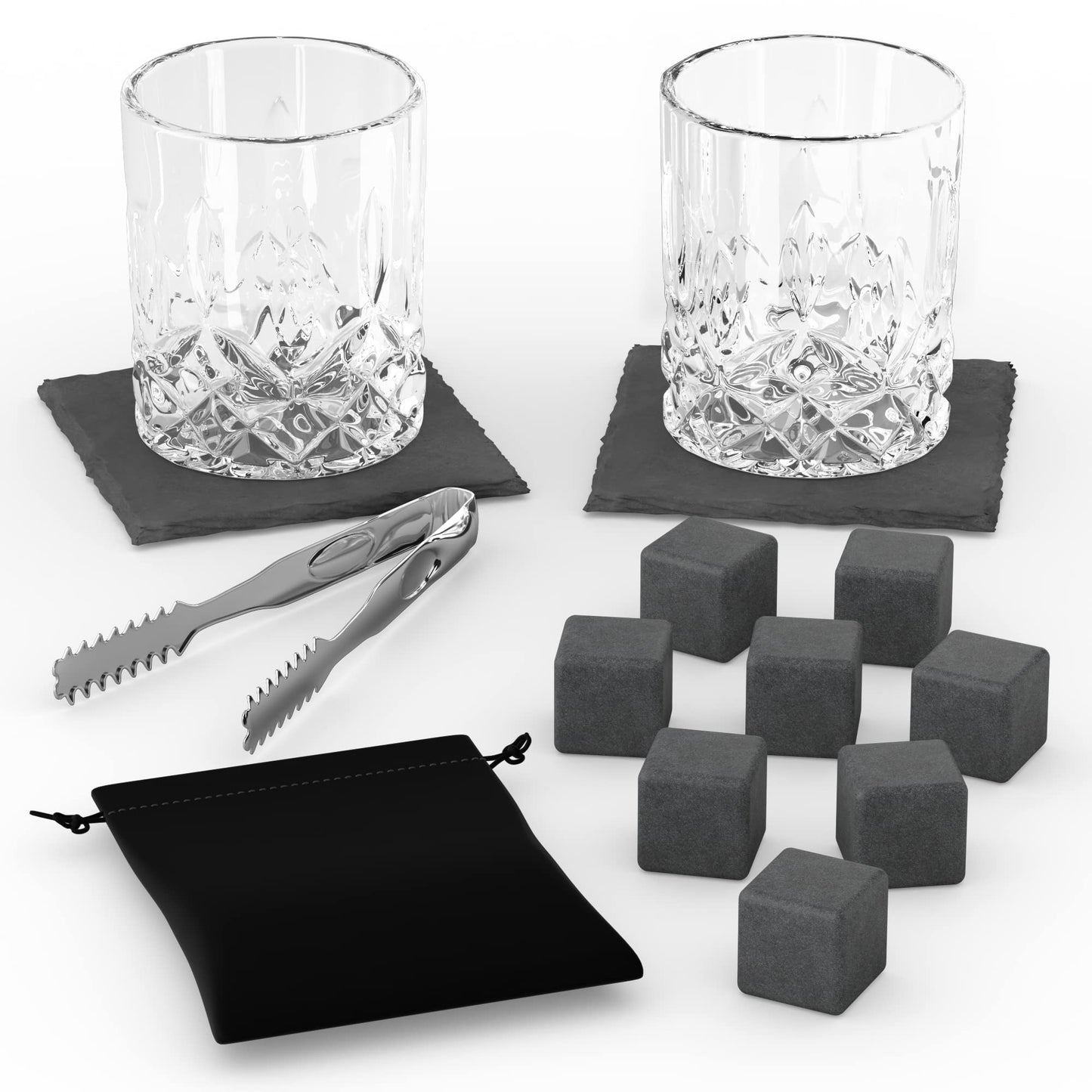 Twhisky Premium Whisky Glasses Gift Set - 2 Whiskey Tumblers 300 ml, 8 Reusable Whisky Stones made of Basalt, 2 Slate Coasters, Tongs & high-quality Gift Box